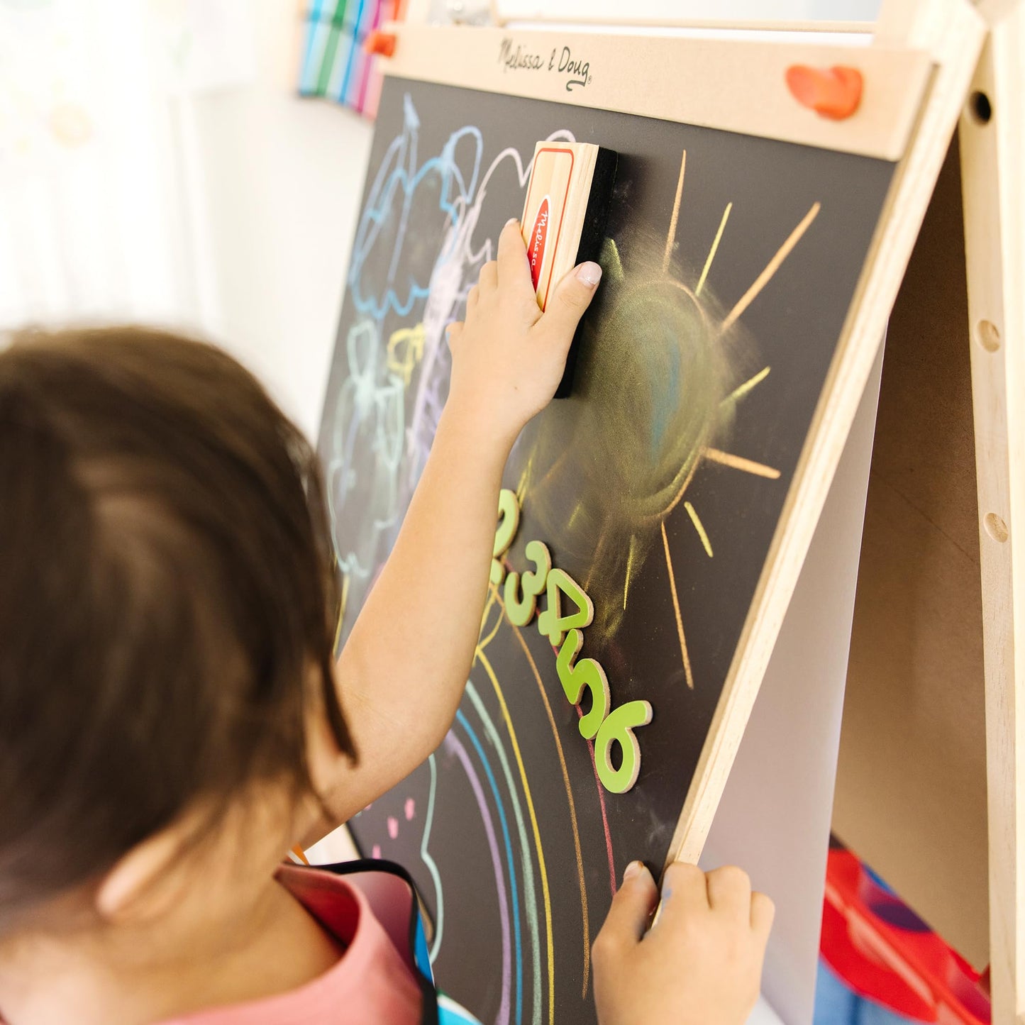 Melissa & Doug Deluxe Magnetic Standing Art Easel with Chalkboard, Dry-Erase Board, and 39 Letter and Number Magnets - FSC Certified
