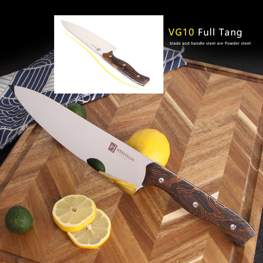 KEENSUN Chef Knife - 8 Inch Professional Kitchen Knife Rust Resistant VG10 Stainless Steel Ultra Sharp Chef Kitchen Knife,Orange-Black Damascus Pattern G10 Handle and Mirror Polished Blade