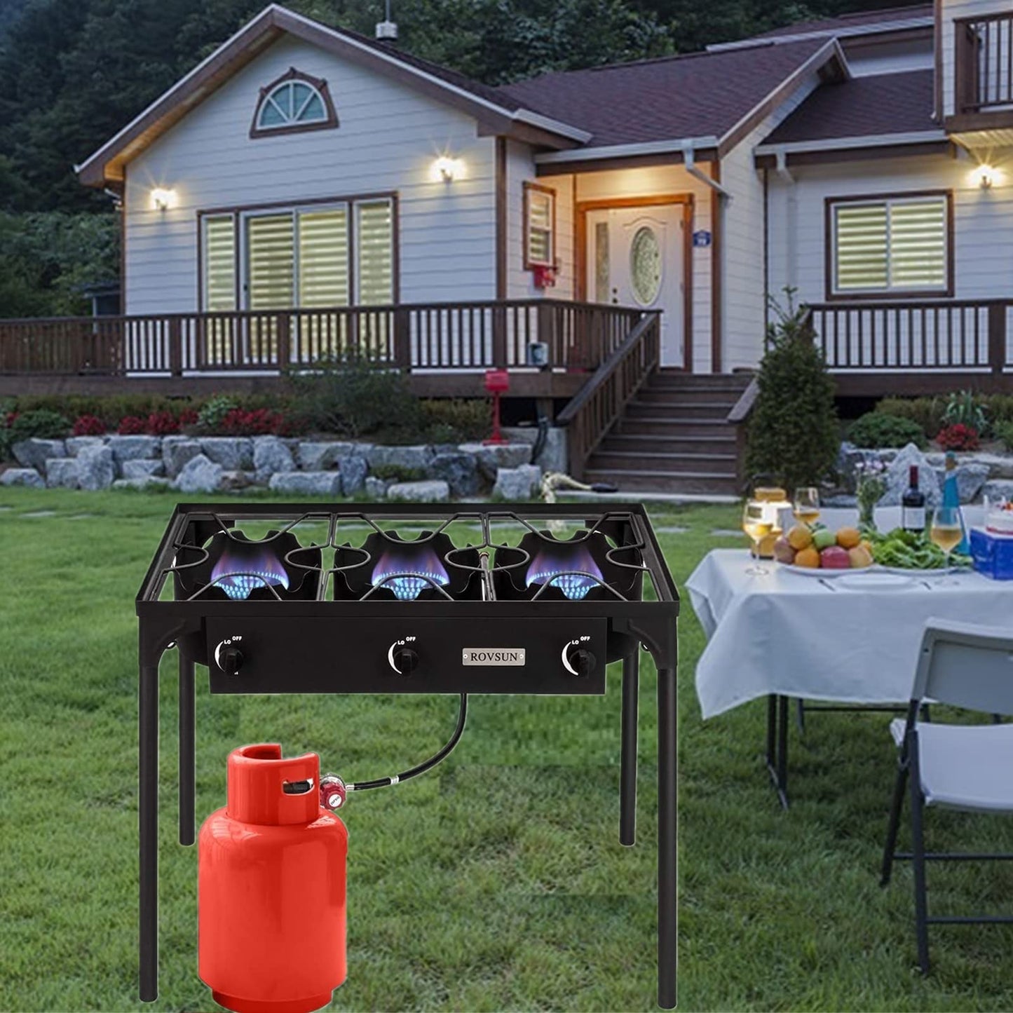 ROVSUN 3 Burner Outdoor Propane Gas Stove with Regulator, High Pressure 225,000 BTU Stand Cooker for Backyard Cooking Camping Home Brewing Canning Turkey Frying