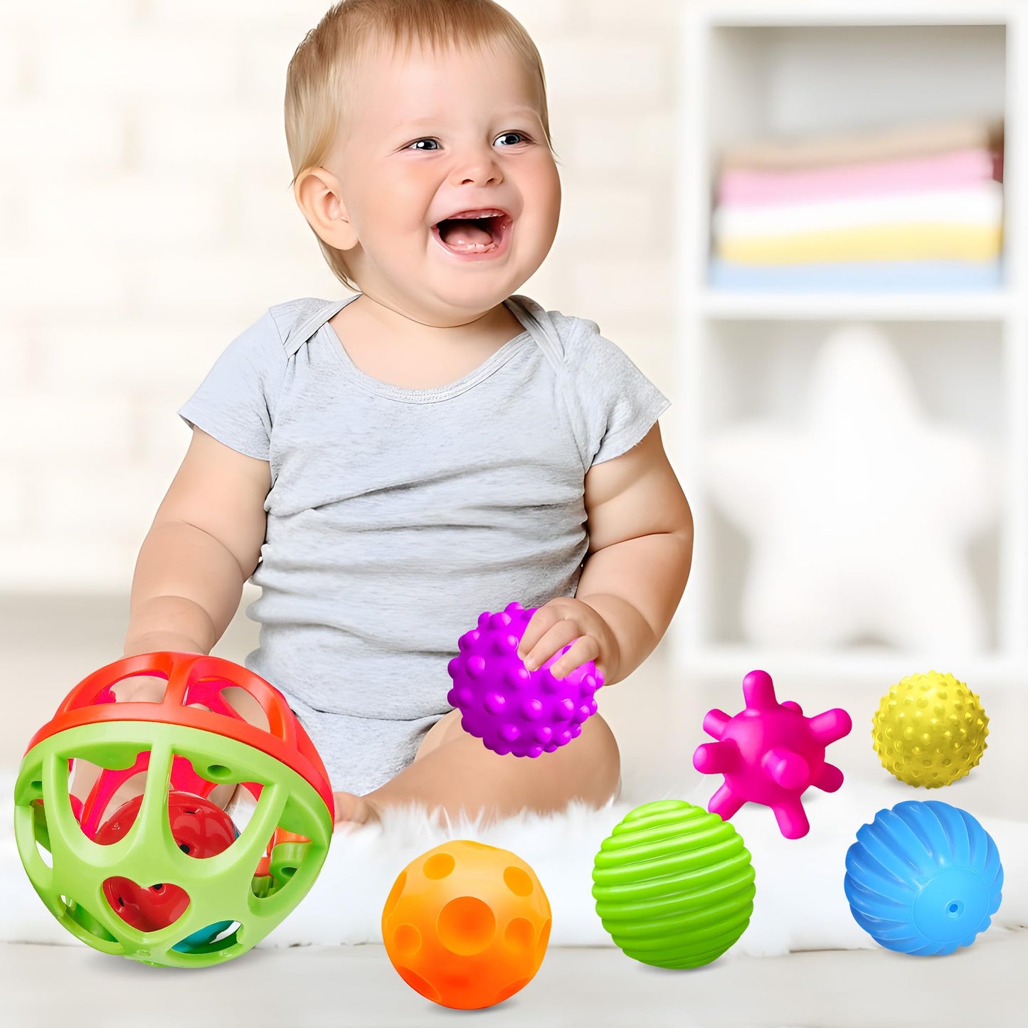 Montessori Toys Bundle: Sensory Balls (Textured) + Baby Pop Up Toy with Music, Hand Catching Balls & Rattle, Cause and Effect Animal Toy, Educational Gifts for Babies 3-12 Months & Toddlers 1-3
