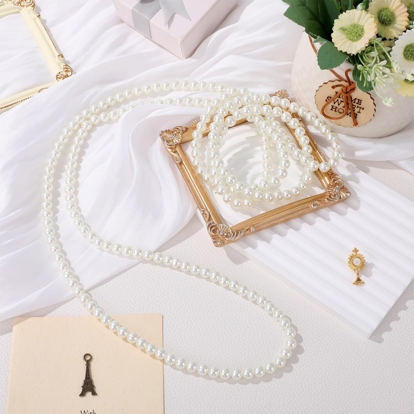 Aurelema 2 Pack Long Pearl Necklace for Women 1920s Costume Party Jewelry Faux Pearls Strand Beads for Ladies(70 Inches,8 mm,Glass,Cream White)
