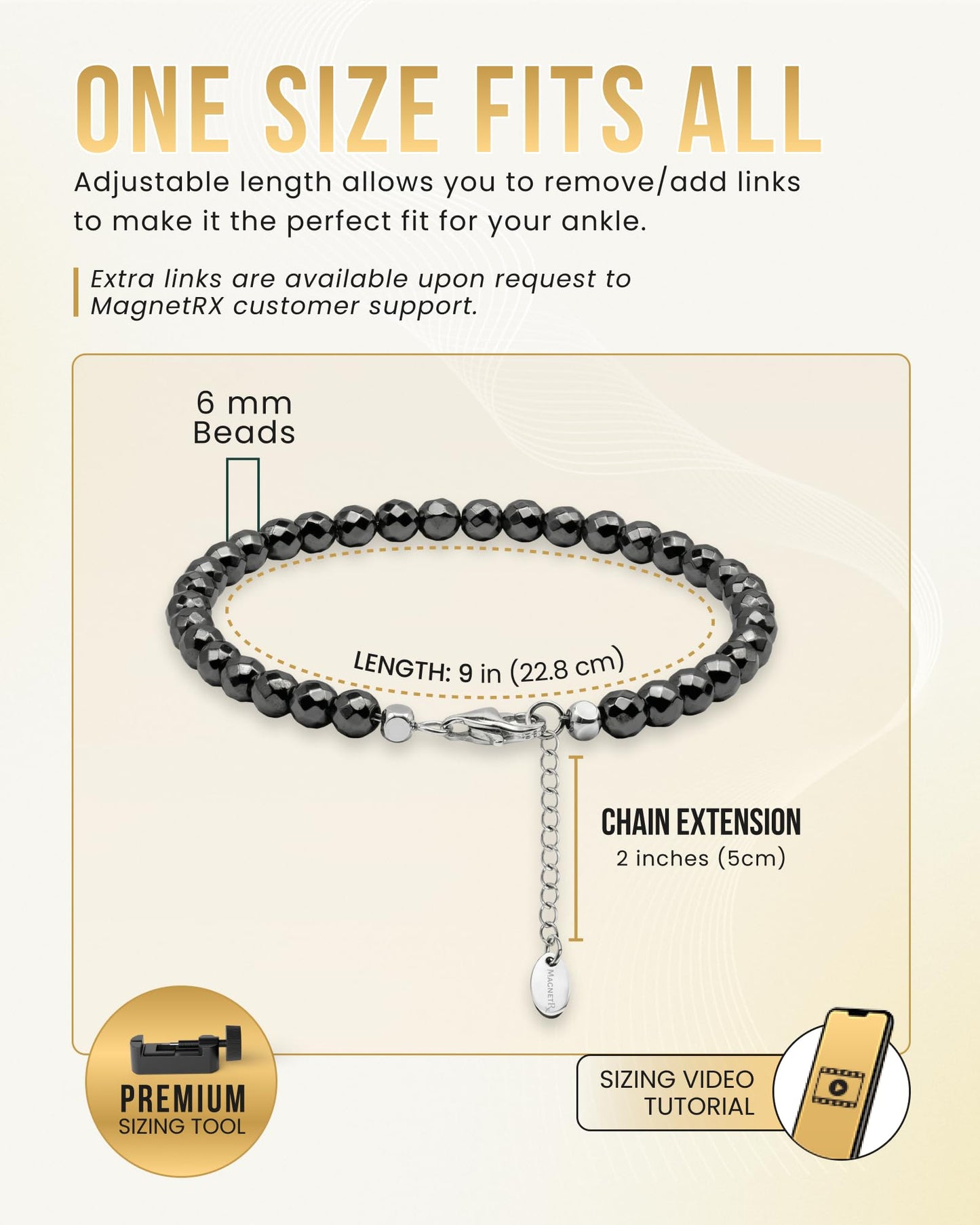 MagnetRX Hematite Magnetic Anklet - Ultra Strength Stones - Elegant Ankle Bracelets for Women - Metallic Black Beaded Hematite Anklets for Women and Men (6mm Faceted Beads)