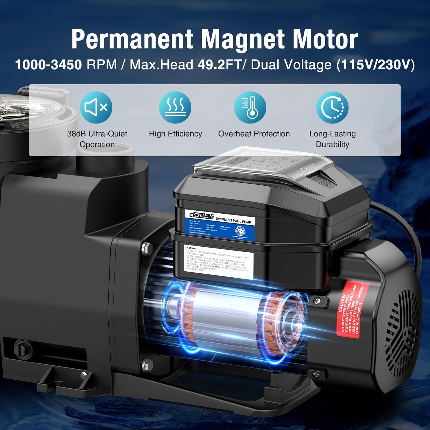CrestWave Smart Variable Speed Pool Pump 1.5HP, Smart Life APP Control, 38 dB-Quiet, Energy Saving, AC 110V/230V, Built-in Timer, 5070 GPH High Flow, 1.5" & 2" Adapter Pool Pump for In/above Pool