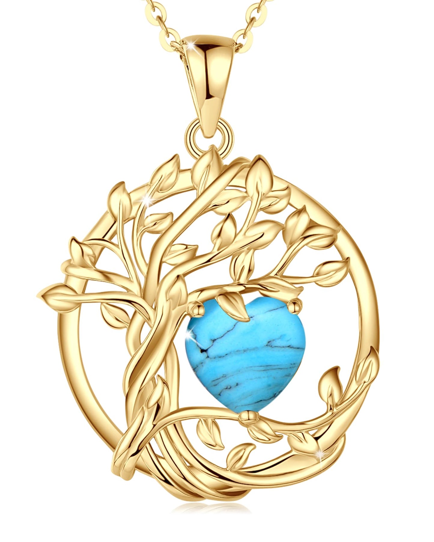 FANCIME Tree of life December Birthstone Necklace for Women Sterling Silver Yellow Gold Plated Created Turquoise Pendant November Birthday Jewelry Mothers Day Gifts for Wife Mom Her