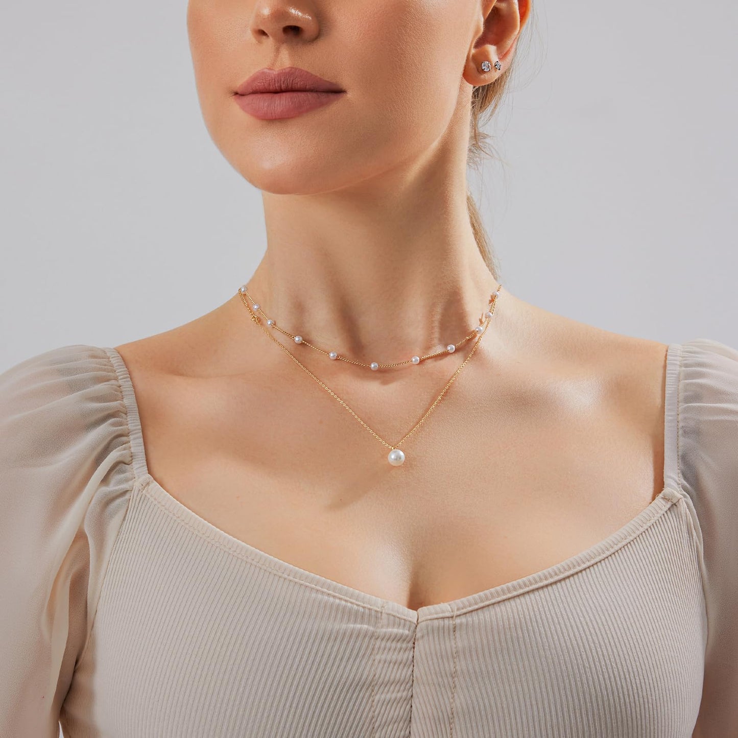 Luxval Pearl Necklace for Women Layered Trendy 14K Gold Plated Dainty Pearl Pendant Choker Set Gold Necklace Stack Non Tarnish Simple Cute Jewelry Gifts for Women