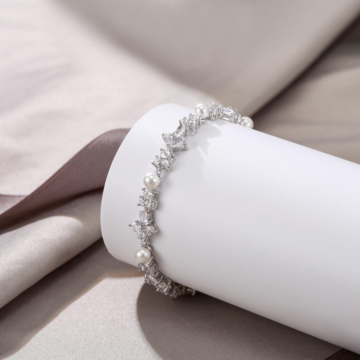 EVER FAITH Faux Pearl Wedding Jewelry for Bride Bridesmaid, Gorgeous Cubic Zirconia White Gold-Plated-Brass Cream Simulated Pearls Teardrop Tennis Bracelet for Women
