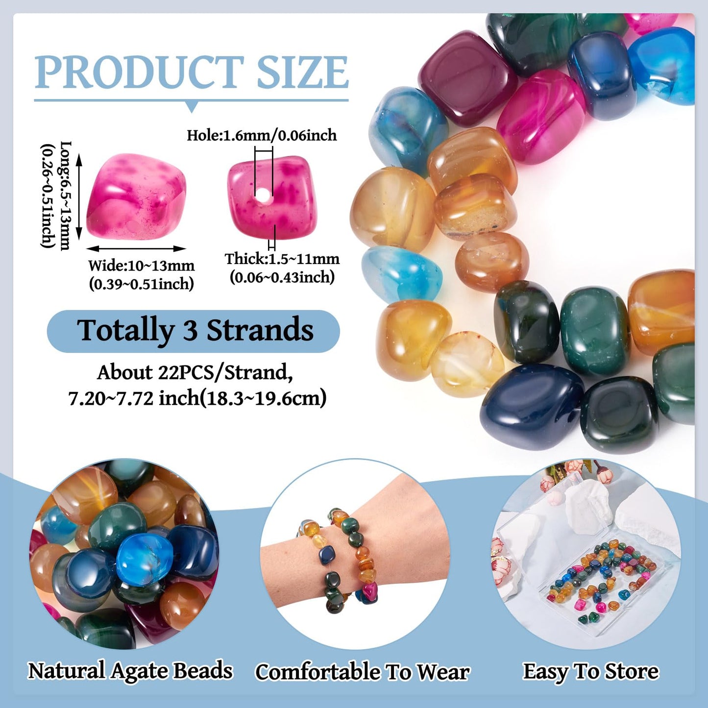 3 Strands Natural Agate Beads for Jewelry Making Colorful Tumbled Stones Polished Healing Crystal Stones Gemstone Loose Beads for Bracelets Necklaces Earrings DIY Crafts 6.5-13mm