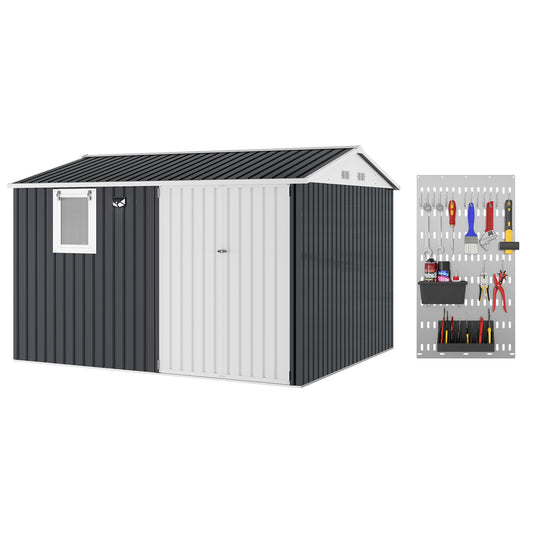 10x8FT Outdoor Storage Shed with Pushable Window, Metal Garden Shed with Sloping Roof,Breathable Vent and Lockable Doors, Steel Tool Shed for Patio Garden, Garage, Backyard, Poolside