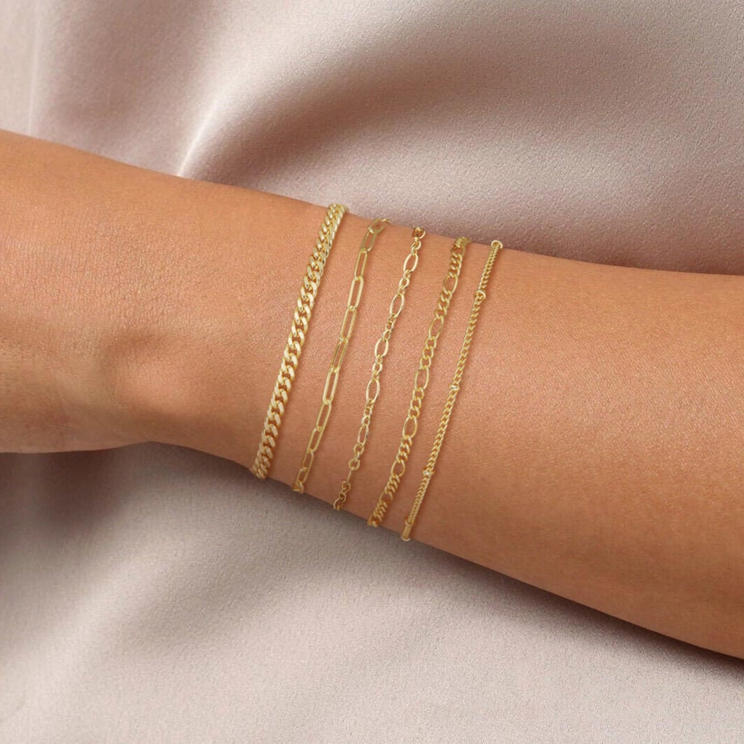 DEARMAY 14K Gold Plated Bracelets for Women, Jewelry Sets Trendy Dainty Stackable Paperclip Rope Snake Box Figaro Chain Bracelets Pack Costume Fashion Gifts