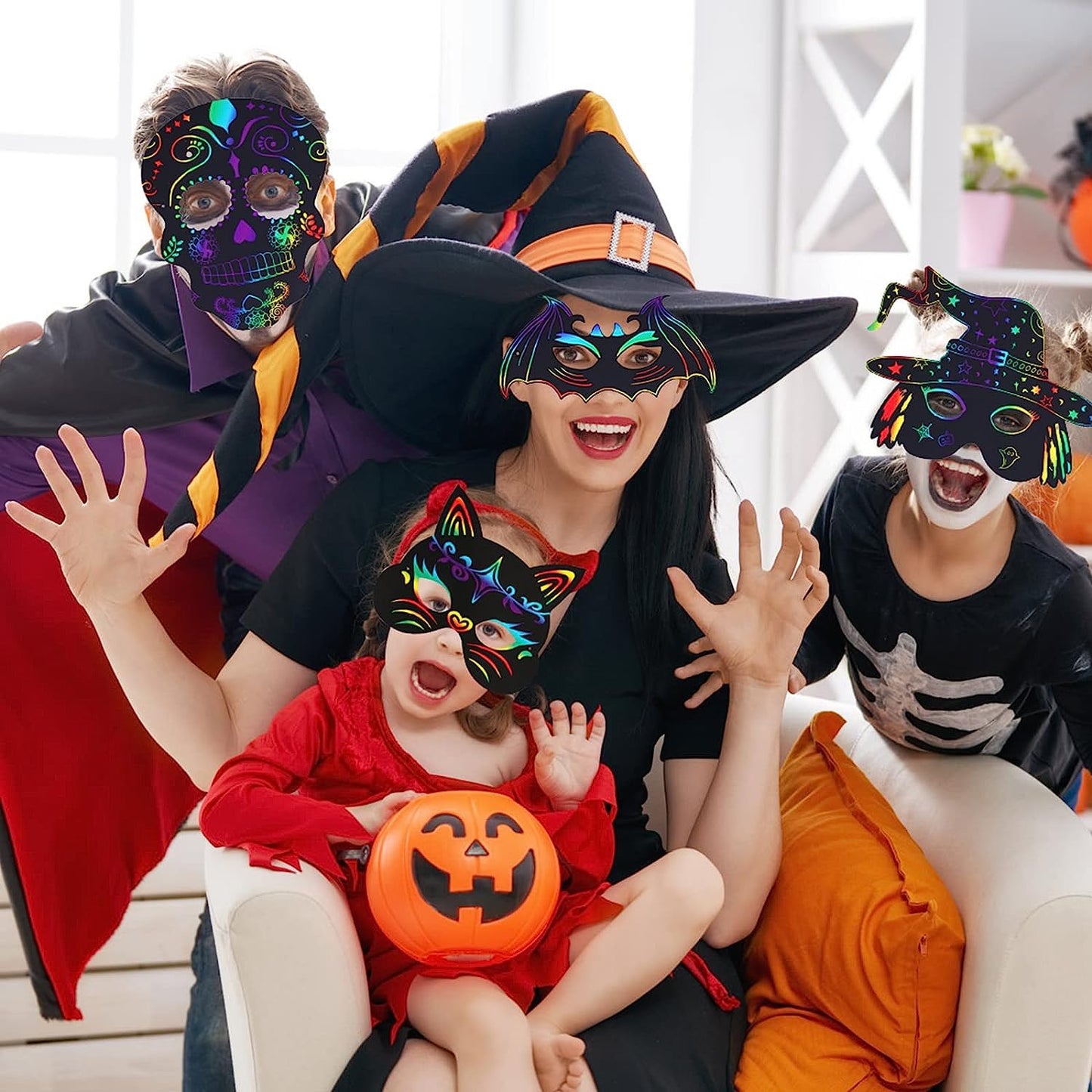 Max Fun 48PCS Halloween Crafts for Kids Kit, Rainbow Scratch Art and Crafts Mask, Birthday Cosplay Classroom Decoration, Magic Scratch Paper Halloween Party Favors Supplies Bat Witch Pumpkin Zombie