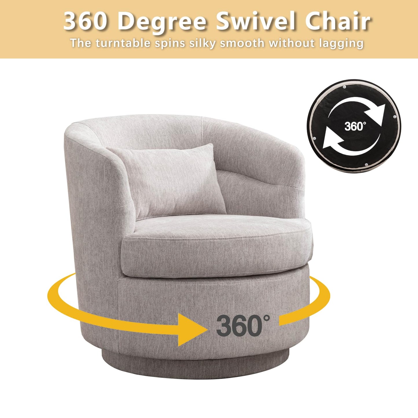 CANMOV Swivel Accent Chair, 360 Degree Round Swivel Barrel Chair with Pillow, Upholstered Comfy Barrel Armchair Single Club Sofa Chair for Living Room,Bedroom, Reading Room, Grey