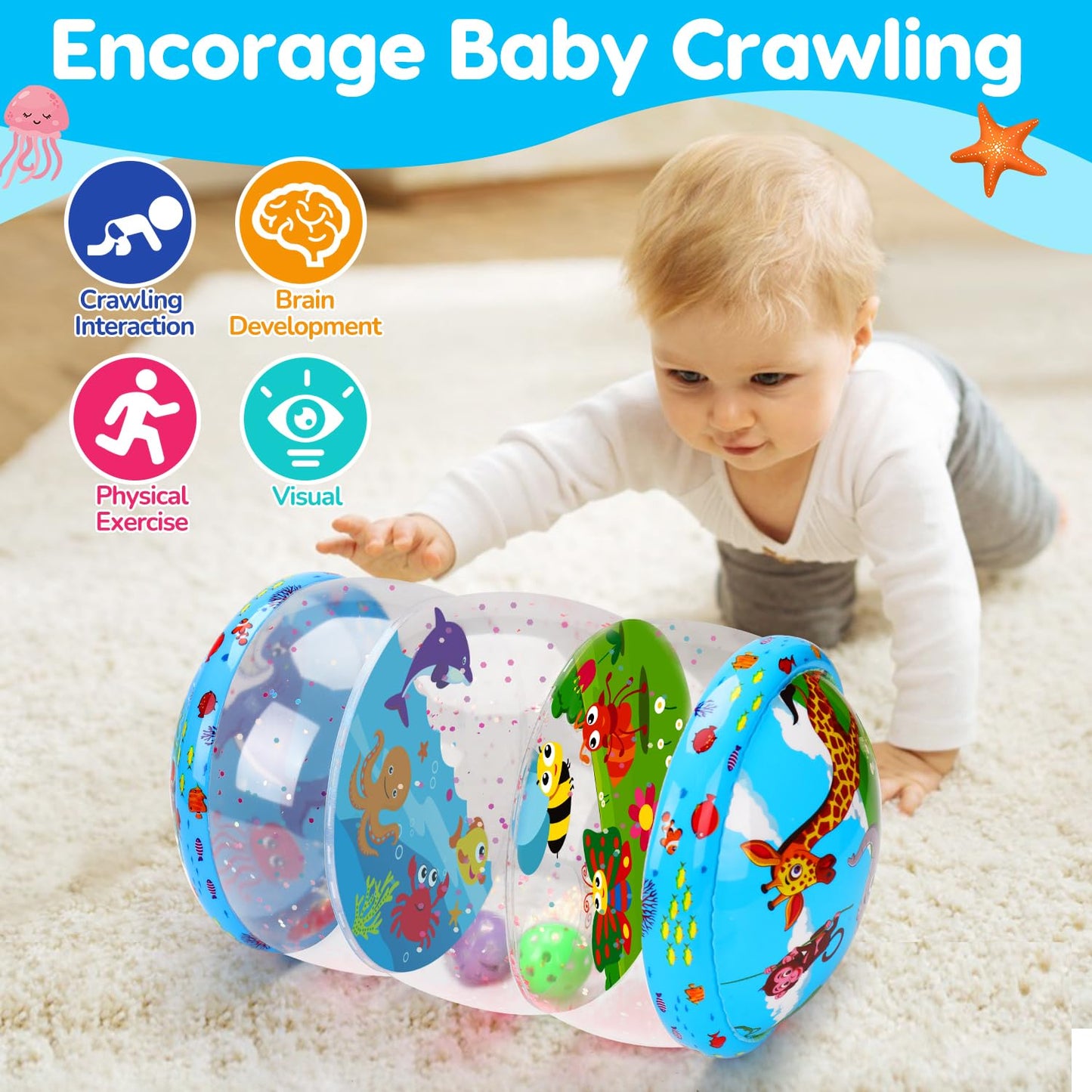 Crawling & Walking Baby Toys 6-12 Months Glowing Jumbo Inflatable Rolling Infant Toy 7 8 9 10 12-18 Month Old Tummy Time Sensory Development Light Up Toys for 1 2 Year Old Boy Girl Birthday Gifts