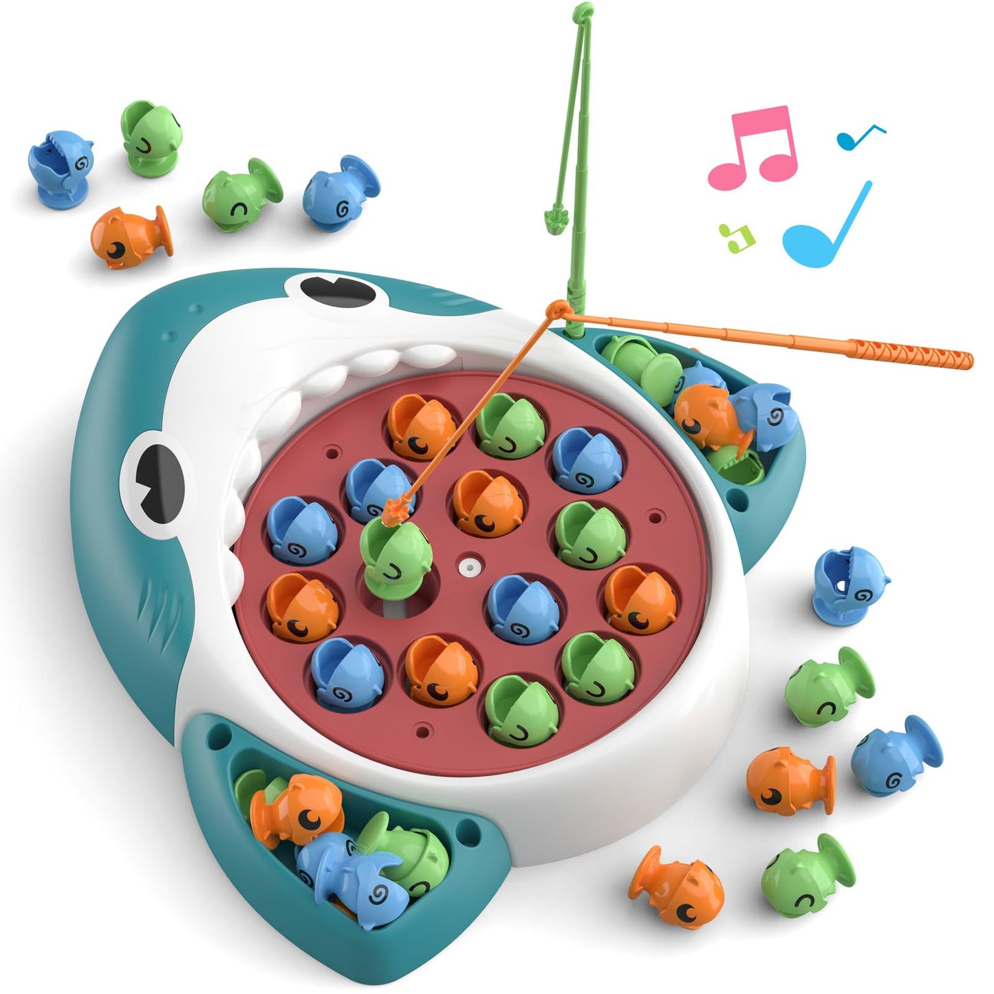JOYBLI Musical Shark Fishing Game for Kids, 360° Rotating Board, 20 Fish with 3 Rods,Hook Fishing Set for Toddlers，Educational, Fine Motor Skill Activity for Boys and Girls