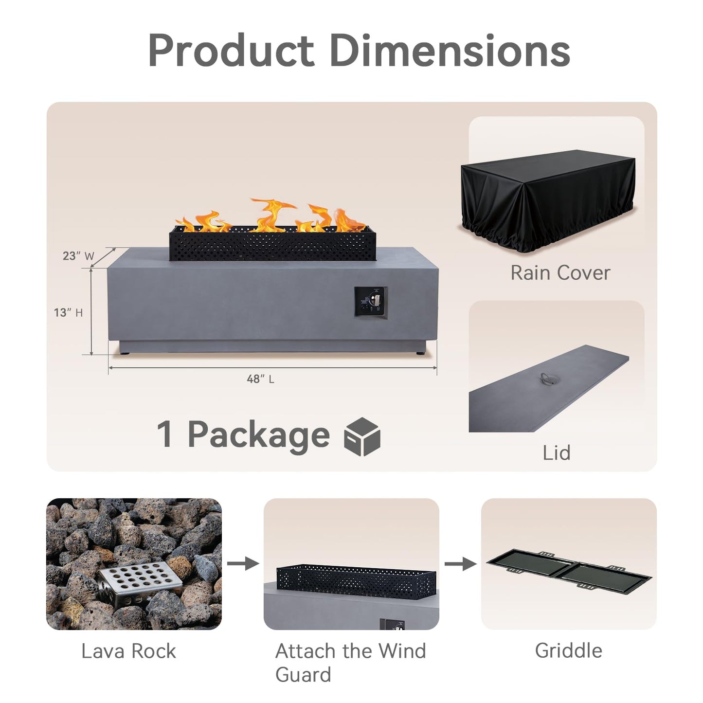 48'' Propane Fire Pit Table, 50,000BTU Rectangle Firepit Table, 3-in-1 Outdoor Fire Table with Tank Hidden Table for Outside Patio, Backyard, Grey