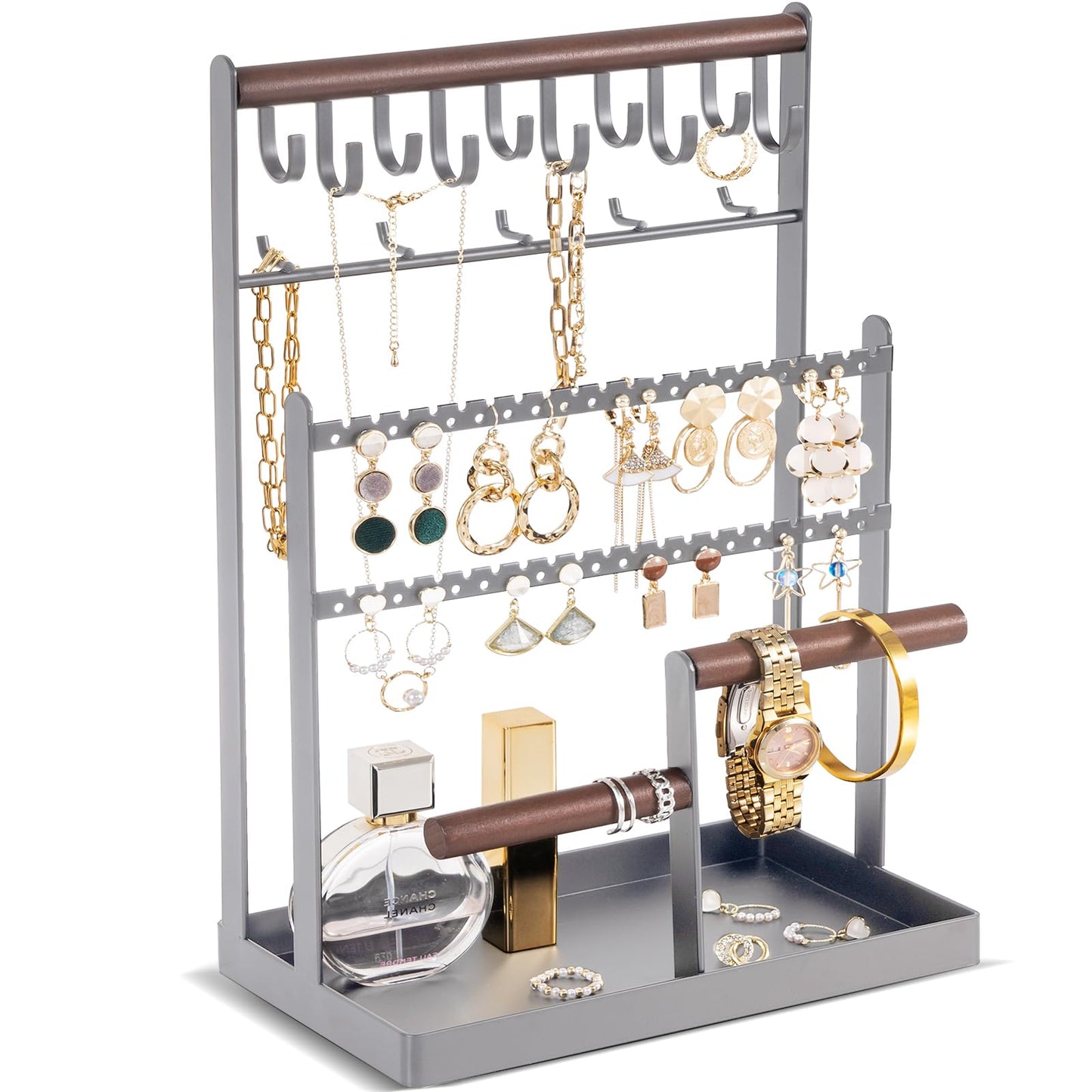 ProCase Jewelry Organizer Stand Necklace Organizer Earring Holder, 6 Tier Jewelry Stand Necklace Holder with 15 Hooks, Jewelry Tower Display Rack Storage Tree for Bracelets Earrings Rings -Grey