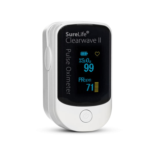 SureLife Clearwave II Pulse Oximeter with OLED Display, SpO2 Sensor, Pulse Rate and Strength Monitor, Multi-Angle View, One Button Operation, Fingertip Oximeter with Batteries and Lanyard