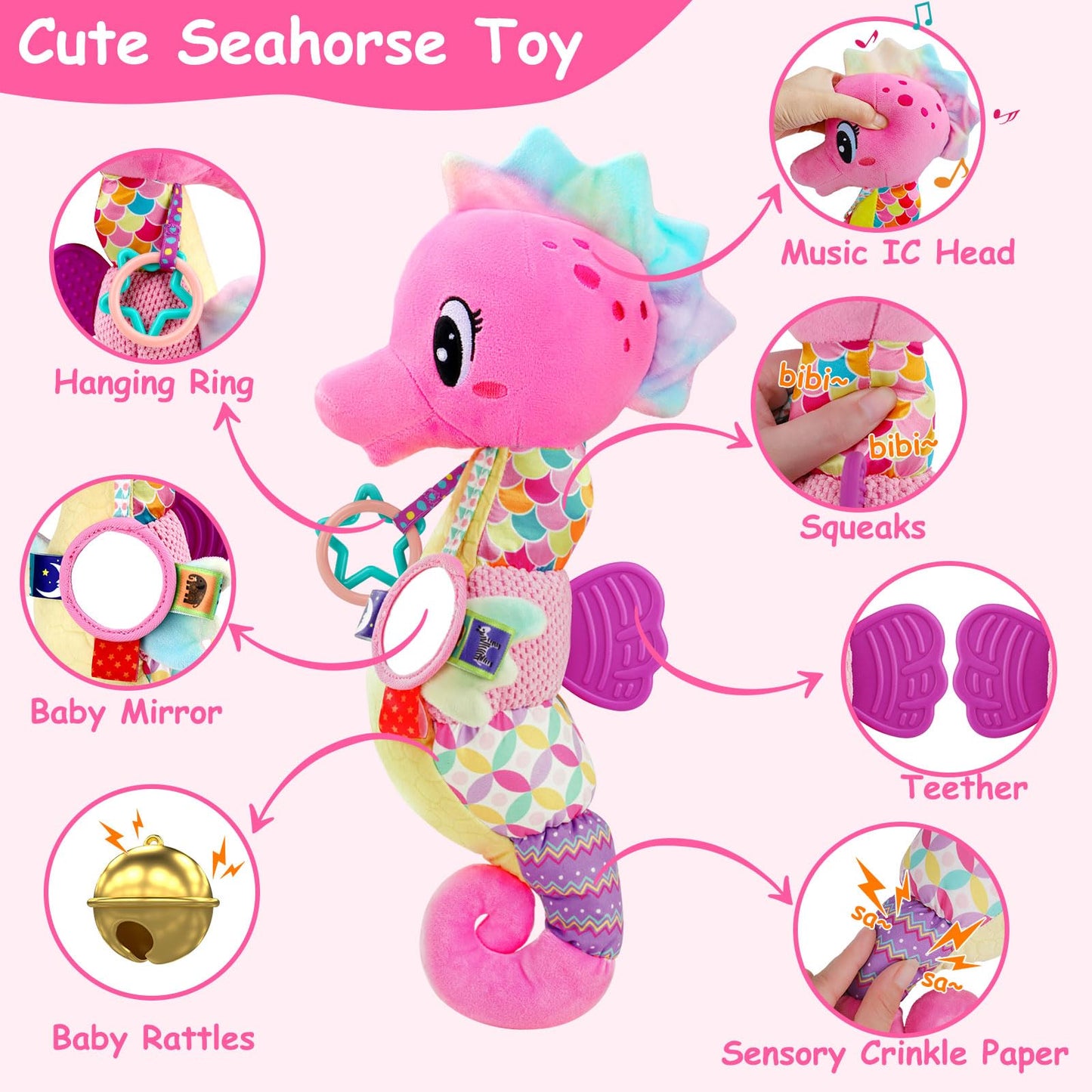 Baby Sensory Toys 0-6 3-6 Months Musical Stuffed Animal Plush Pink Seahorse for Infant 6-12 Month Tummy Time with Baby Mirror Newborn Crinkle Developmental Toy Girls Boys Birthday Gifts 0-3 4 5 Month