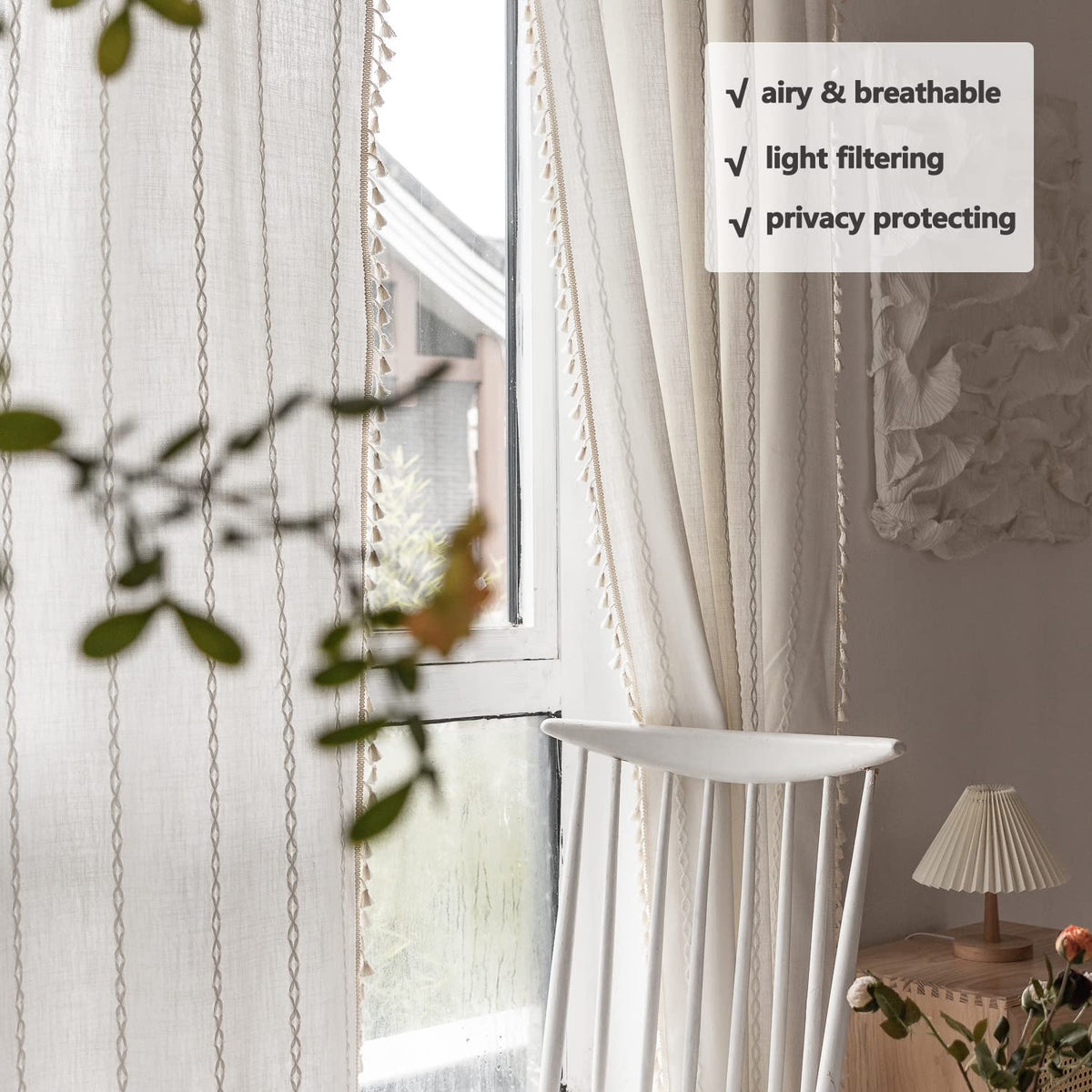 BCLBUSTE Boho Curtains - Embroidery Linen and Cotton 63 Inch Length 2 Pannels for Living Room, Cream Off White Light Filtering Farmhouse Curtains with Rod Pocket Draperies 52" W x 63" L