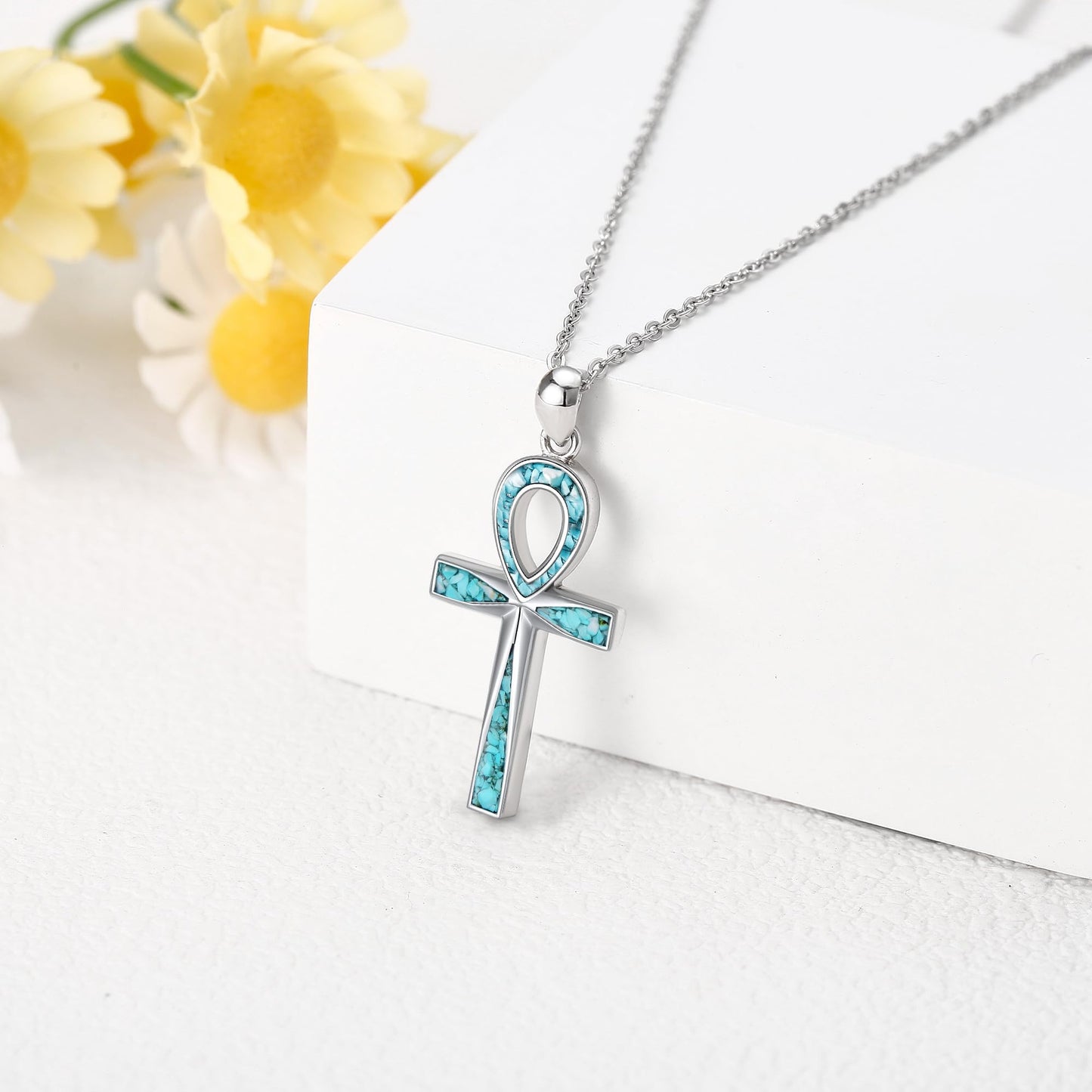 ONEFINITY Ankh Cross Necklace Sterling Silver Turquoise Egyptian Cross Pendant Necklace Religious Jewelry Gifts for Women Men