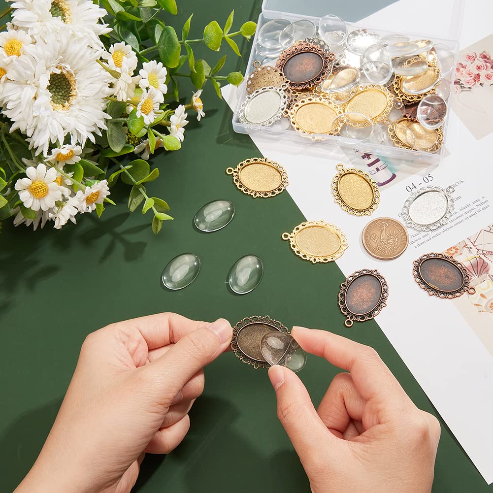 PH PandaHall 60pcs Pendant Tray Kit, 30pcs 5 Color Oval Pendant Blank Bezel, 30pcs 25 x 18mm Glass Cabochon Dome Tiles Clear Cameo Memorial Photo Pendant for Wedding Bouquet Graduation Photo Charm