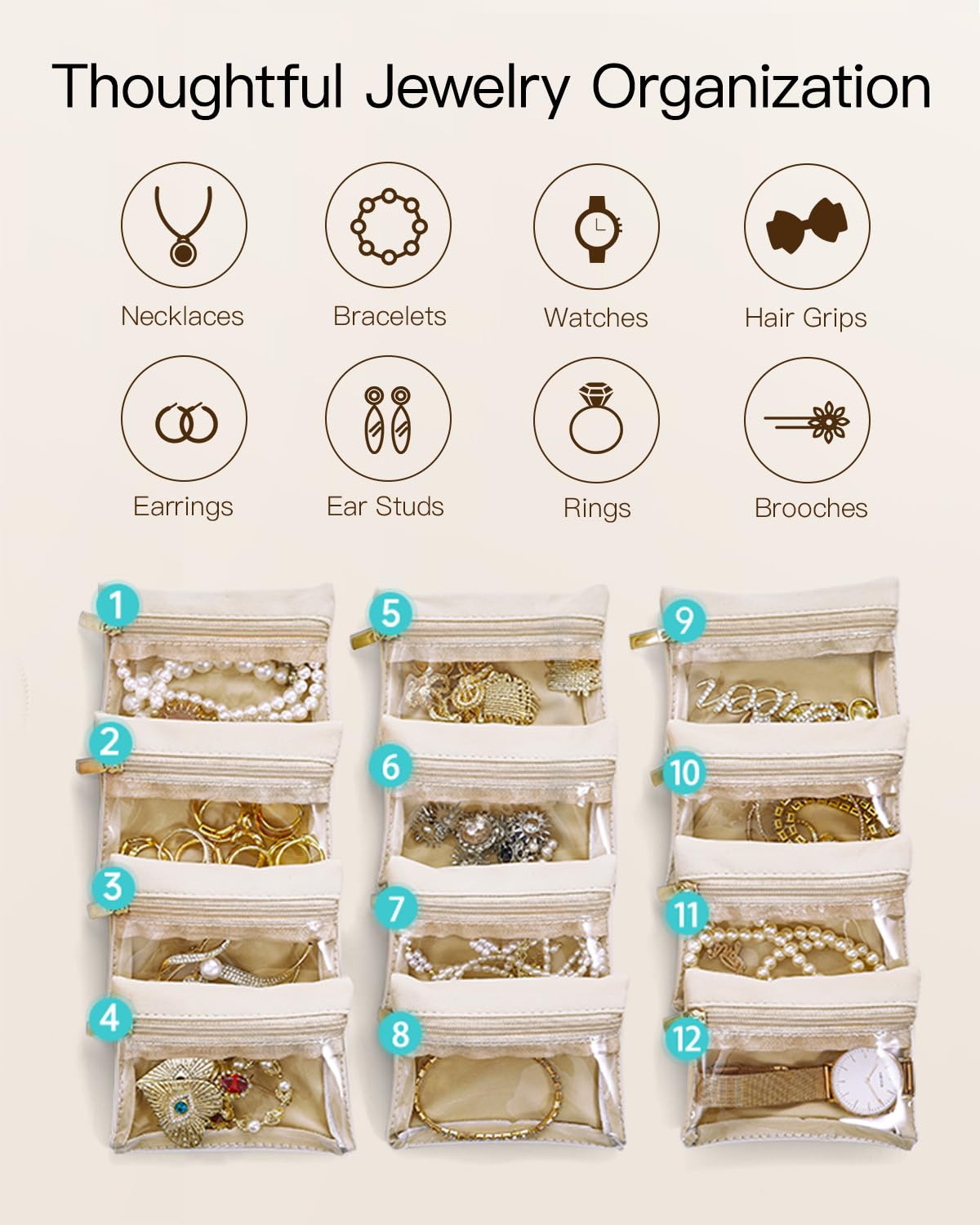 VLANDO Gifts for Teachers,Jewelry Case with 12 Velvet Jewelry Bags Travel Jewelry Organzier for Travelers Necklace Rings Earrings Jewelry Bags Birthday Wedding Gifts (Green)
