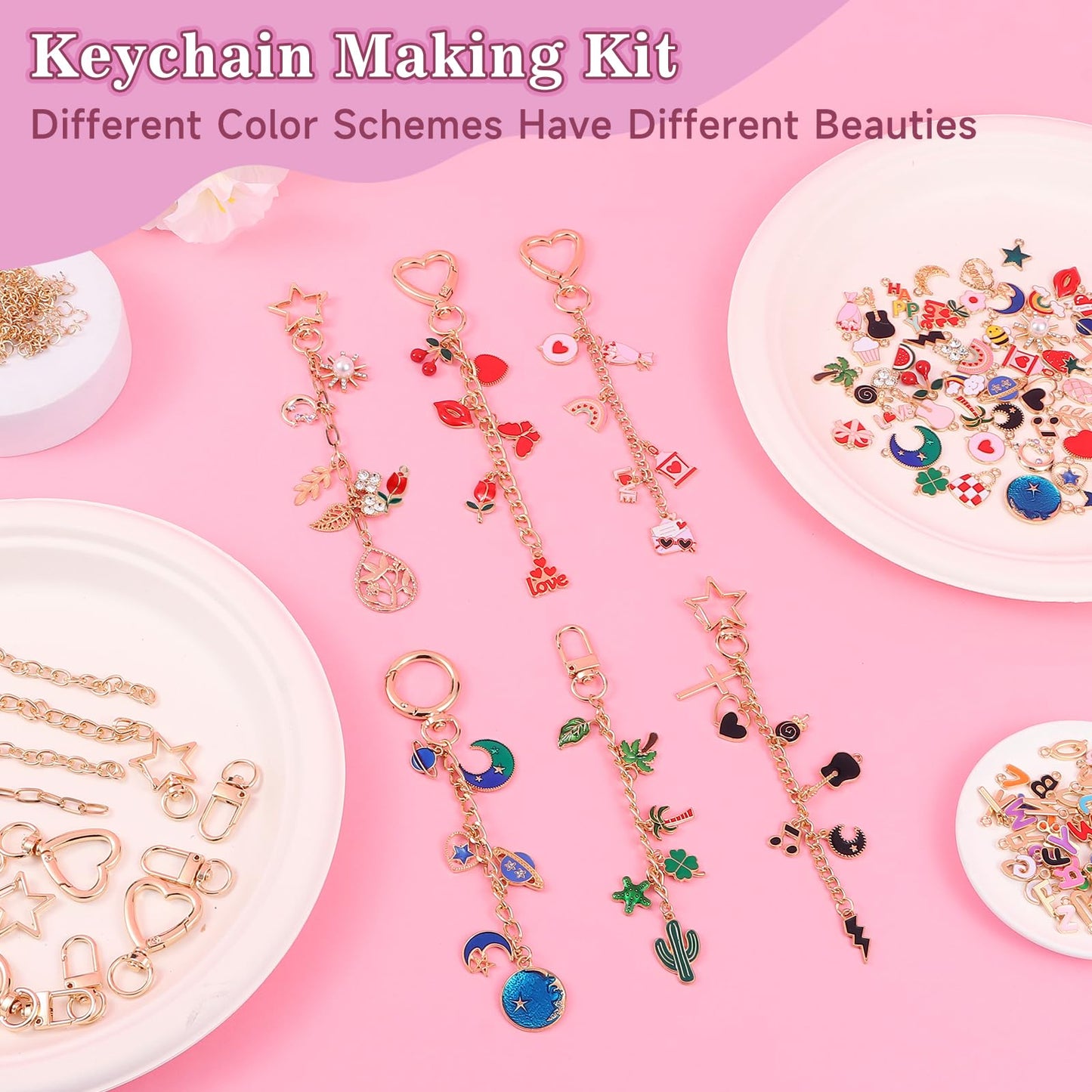 Riwiuue 352Pcs Lip Gloss Keychain Making Kit, DIY Charms Key Chain Making Kit with Bag Charm Supplies, Pendant, Jump Ring, Crab Clip, Pliers, Gift Bag & Tools for Mother's Day Party Gifts