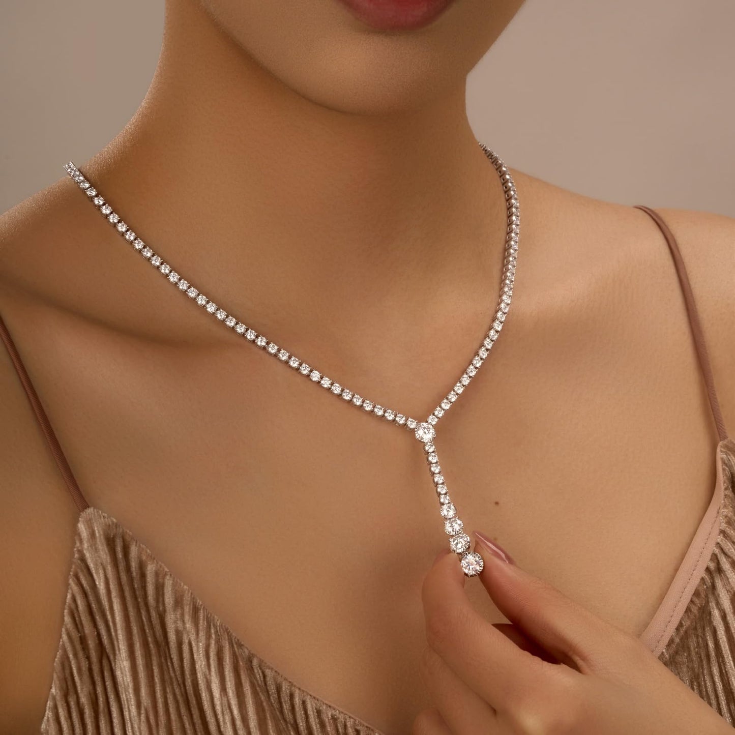 Moissanite Tennis Necklace-for-Women-Wedding-Prom-Jewelry: Lariat 18K White Gold Plated 925 Sterling Silver Rhinestone Simulated Diamond Pendant Long Chain Y Necklaces - Crystal Bridal Gifts