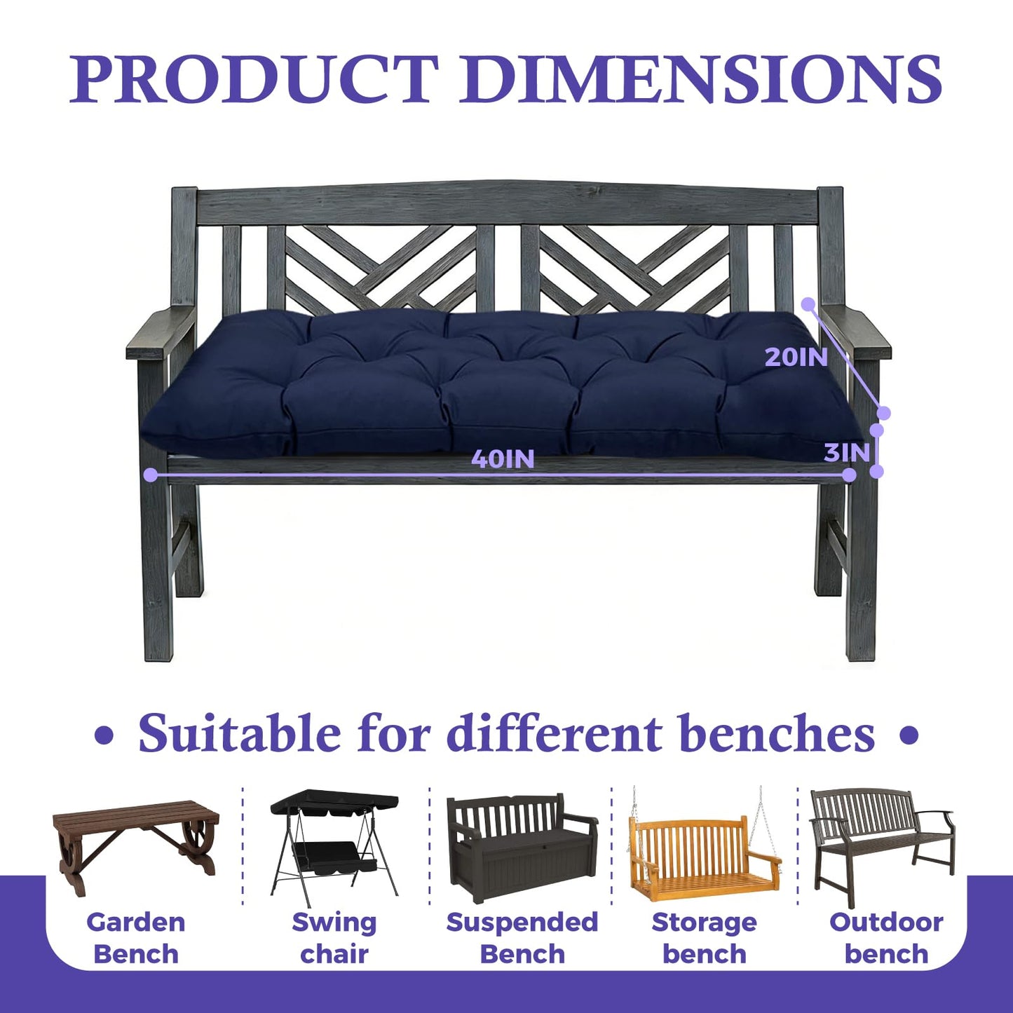 TESICA 40 x 20 Inch Indoor Outdoor Bench Cushion Waterproof Patio Furniture Cushions Garden Sofa Settee Couch Printed Swing Pads Blue Grey
