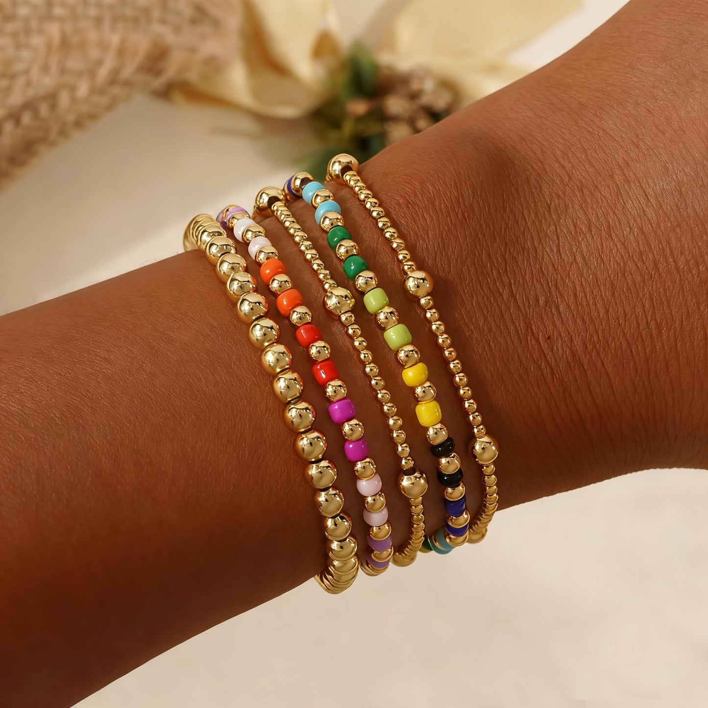 Bohxantium Gold Beaded Bracelets Set for Women Stackable 14K Gold Plated Beads Ball Colorful Seed Bracelets for Women Stack Non Tarnish Stretch Trendy Jewelry Prom Friendship Birthday Christmas Gifts