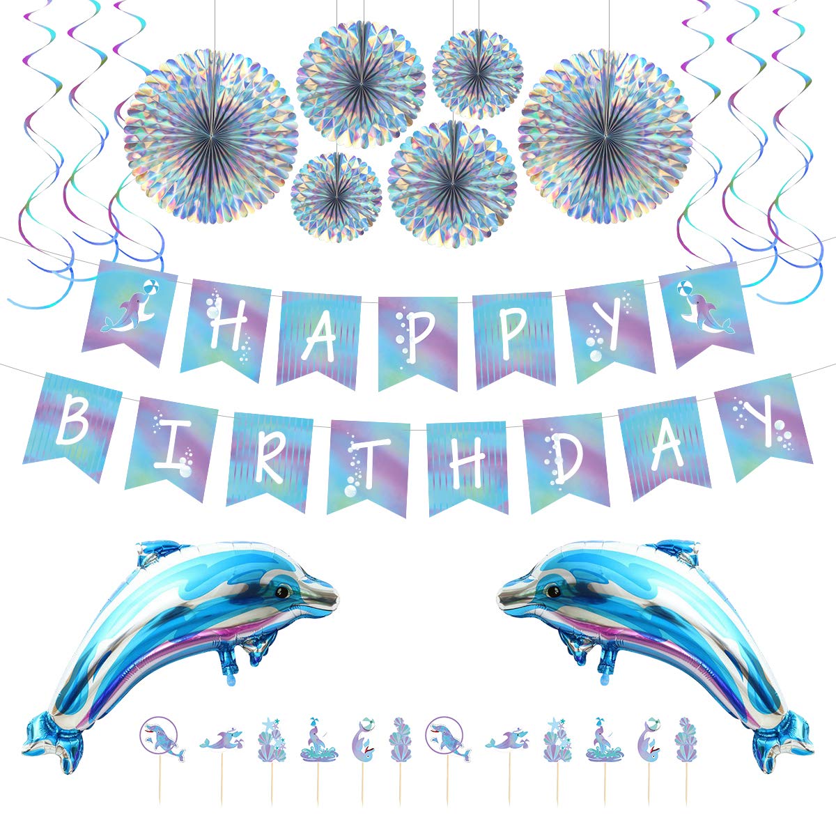 Dolphin Party Decorations Kit - Blue Ocean Theme Birthday Supplies with Balloons, Banner, Cupcake Toppers & Paper Fans for Kids and Adults