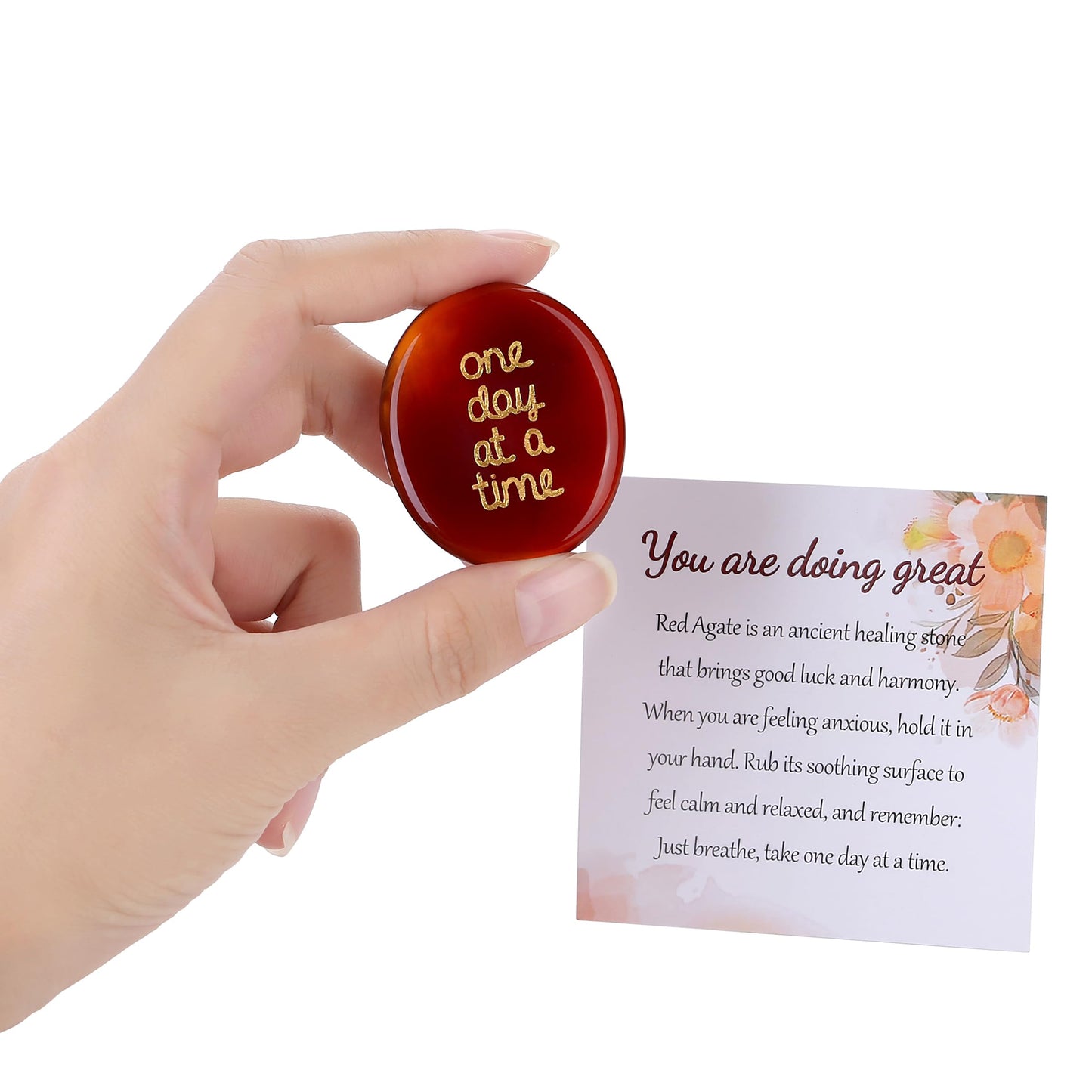 QINJIEJIE Gifts One Day at A Time Red Carnelian Agate Crystal Worry stone Healing Thumb Stone Thinking of You Gifts for Anxiety Relief Items You Got This Inspirational Encouragement Gift for Women Men