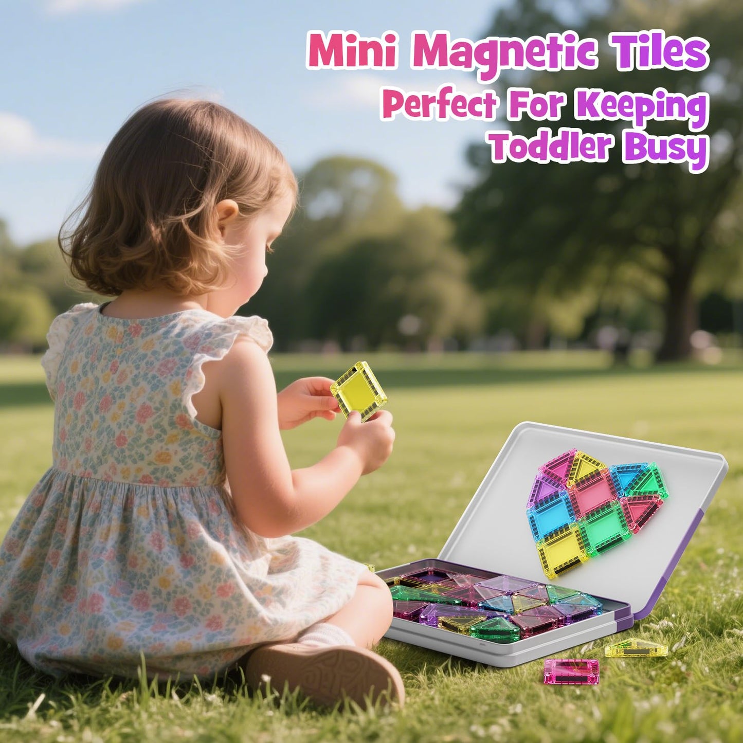 WMXDU Mini Magnetic Tiles, 40PCS Magnetic Building Blocks with Iron Box, Magnet Toys Travel Size On-The-Go Construction Set STEM Travel Toys for Boys and Girls Ages 3+