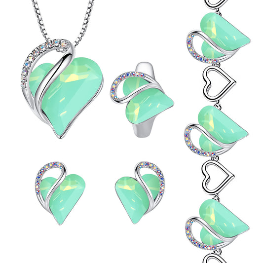Leafael Infinity Love Heart Necklace, Stud Earrings, Bracelet, and Ring Set, Healing Stone for Luck Crystal Jewelry, Silver Tone Gifts for Women, Opal Green