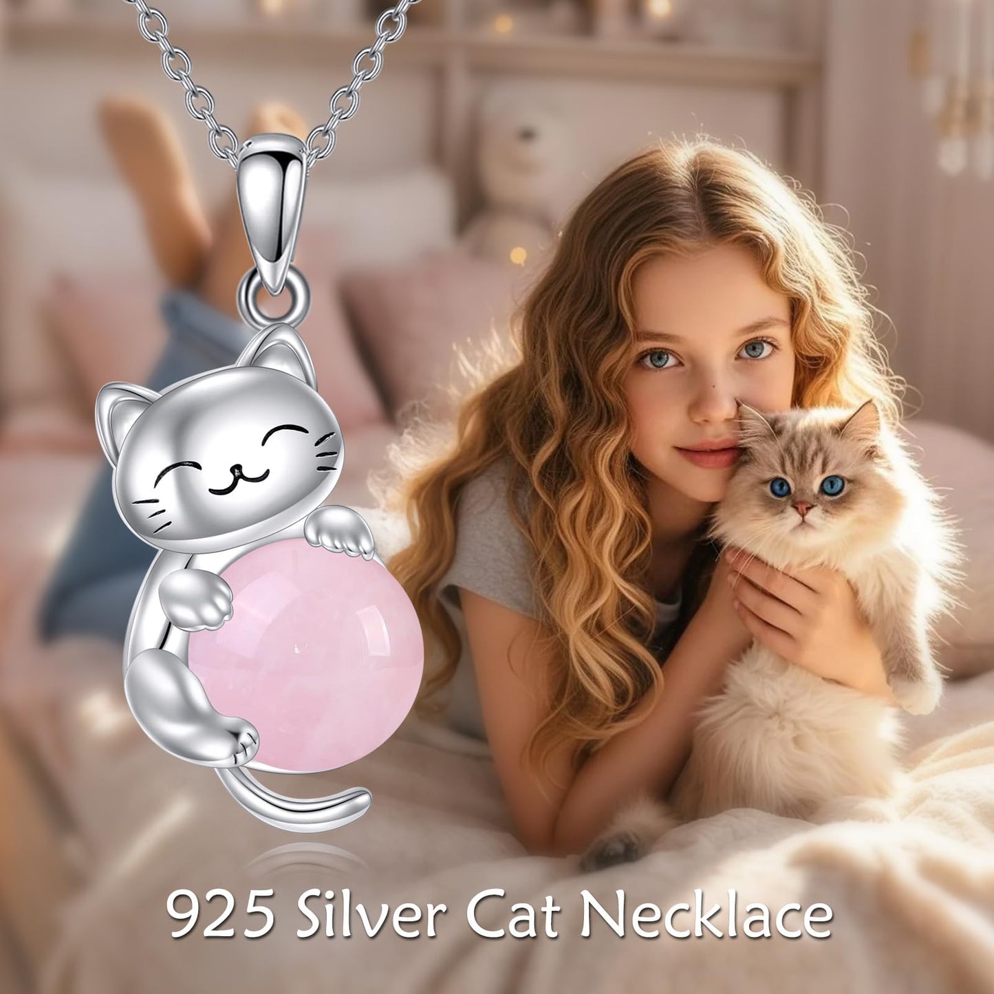 YAFEINI Cat Necklace 925 Sterling Silver Moonstone/Rose Quartz Pendant Jewelry for Women Cat Lovers (Rose Quartz)