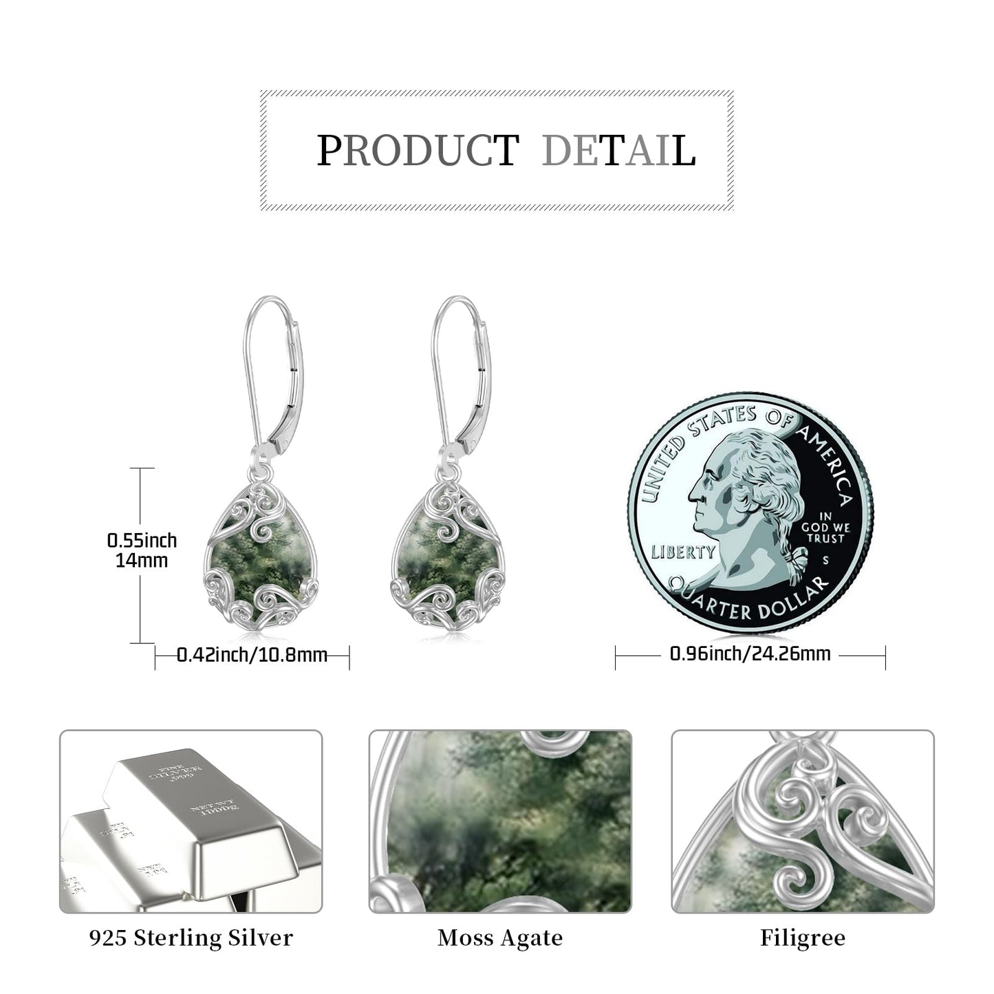 KoyeKei Moss Agate Filigree Leverback Earrings for Women 925 Sterling Silver Moss Agate Teardrop Dangle Drop Earrings Jewelry Filigree Gradution Gifts for Daugther Sister Girlfriend