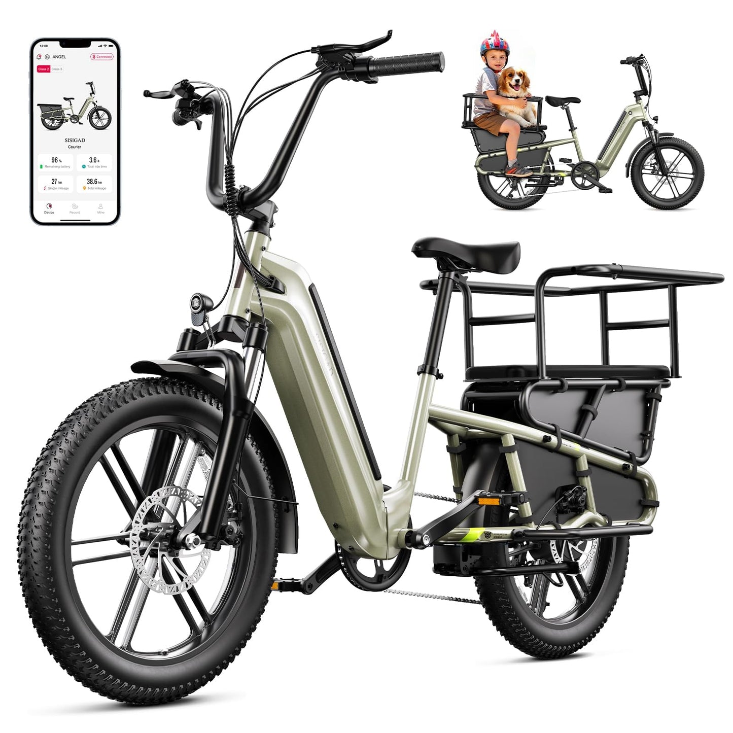 SISIGAD Family Electric Bike with Child Seat,1500W Peak Motor Ebike with 48V/15A Removable Battery,28 mph,80 Mile, 20" Fat Tire E Bike, Electric Cargo Bike Suitable for Commuting and Shopping (Sage)