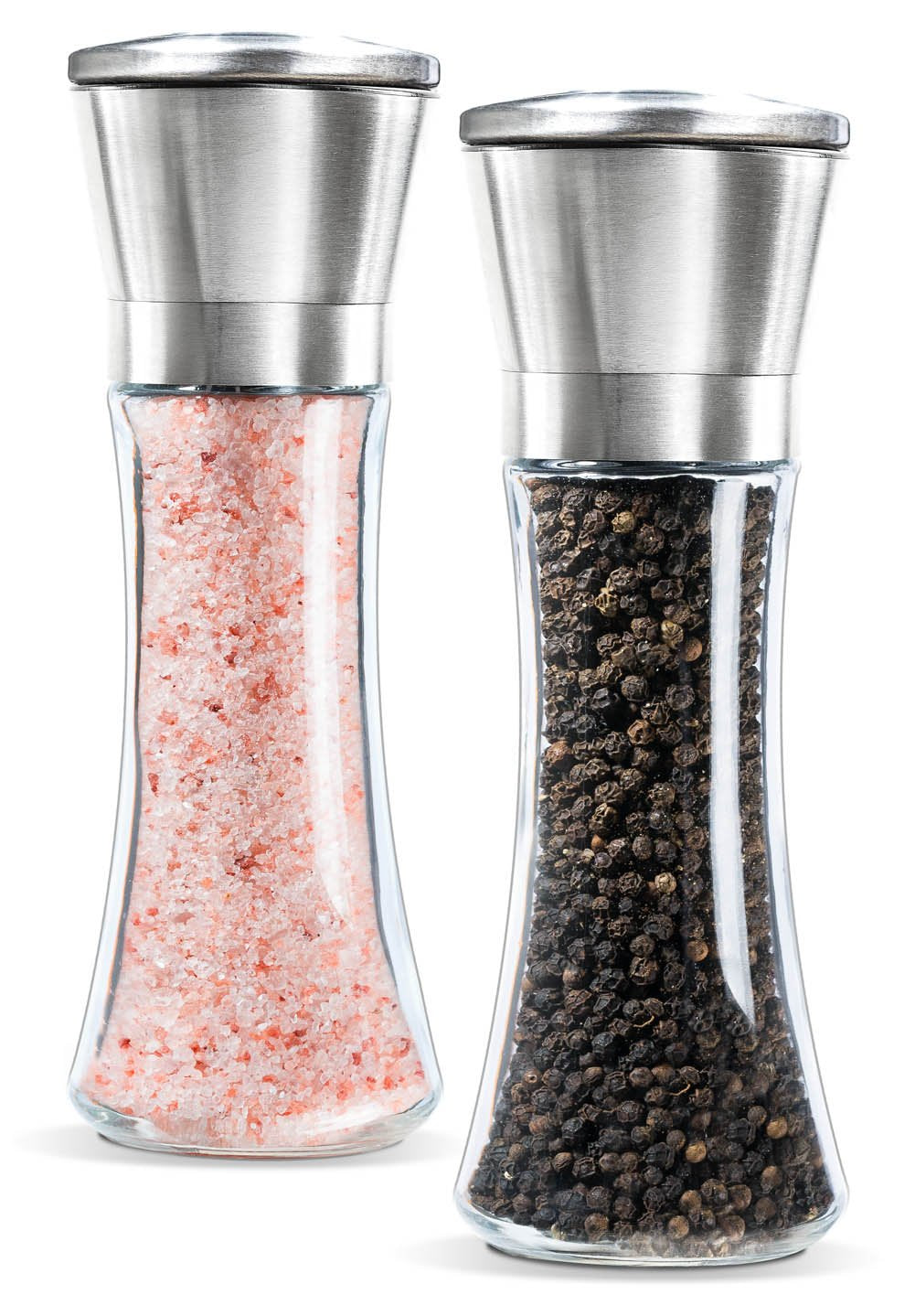 Levav Premium Salt and Pepper Grinder Set of 2- Brushed Stainless Steel Pepper Mill and Salt Mil, Glass Body, Size Grade adjustable ceramic rotor-salt and pepper shakers (tall)
