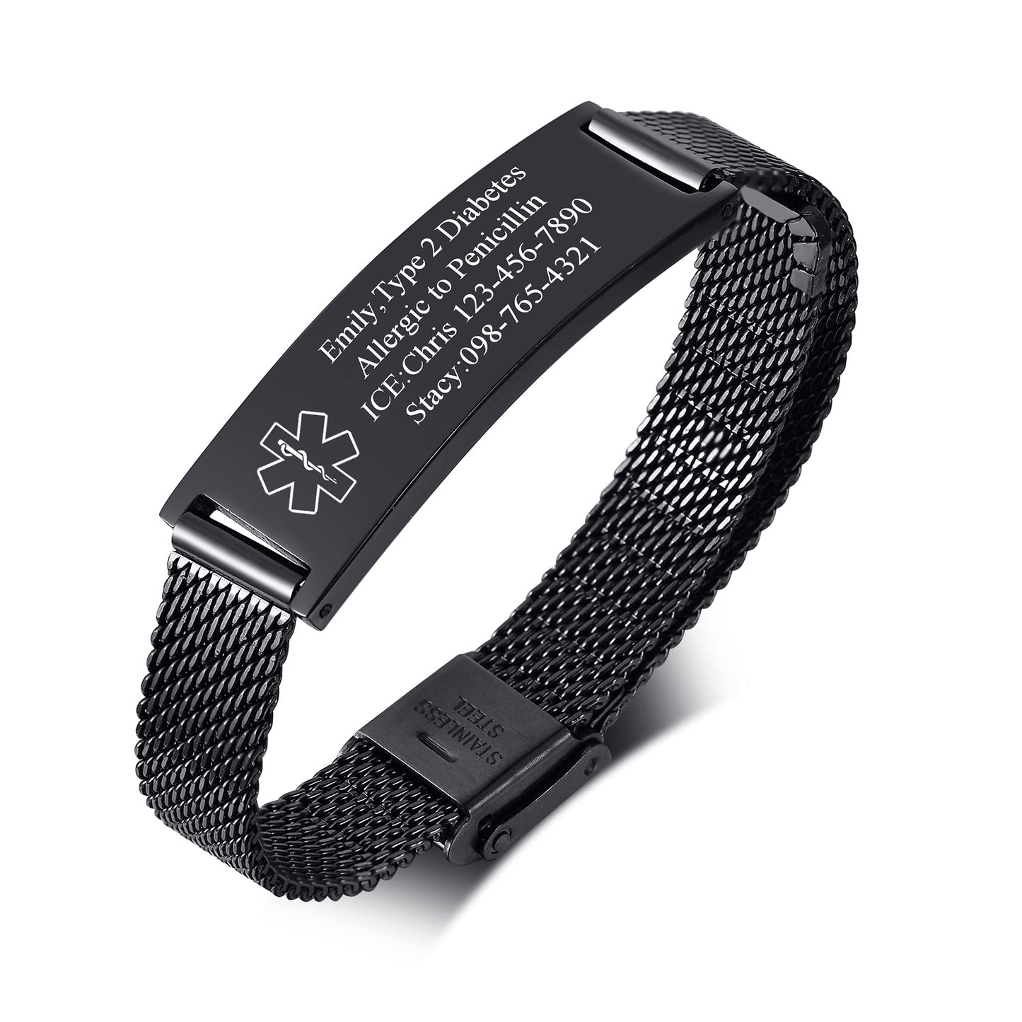 VNOX Medical Alert Bracelets for Men & Women with Free Engraving Adjustable Stainless Steel Mesh Emergency Medical ID Bracelets Wristband,Black