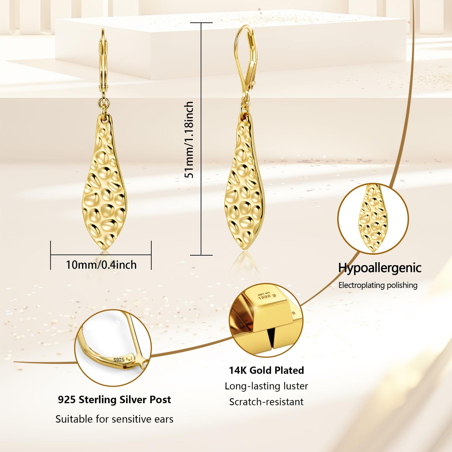 Gold Teardrop Dangle Earrings for Women Trendy Lightweight Hypoallergenic 925 Sterling Silver 14K Goldplated Hammered Dangling Drop Earring Gold Long Teardrop Leverback Earrings for Women Jewelry