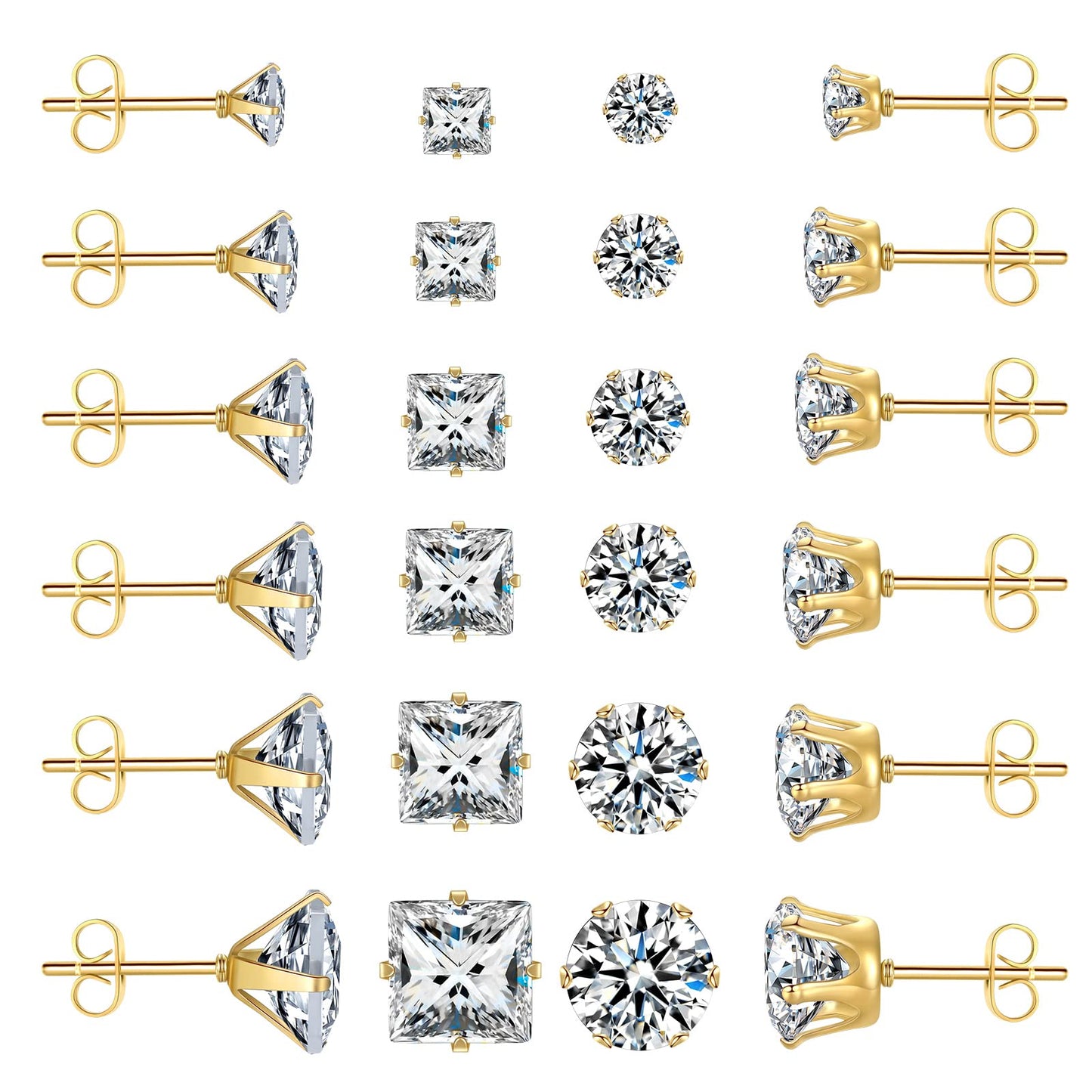 Gold Earrings Studs: LUCKYPADS Cubic Zirconia 12 Pairs 14k Gold Plated Men Hypoallergenic Stainless Steel Studs Earrings for Women