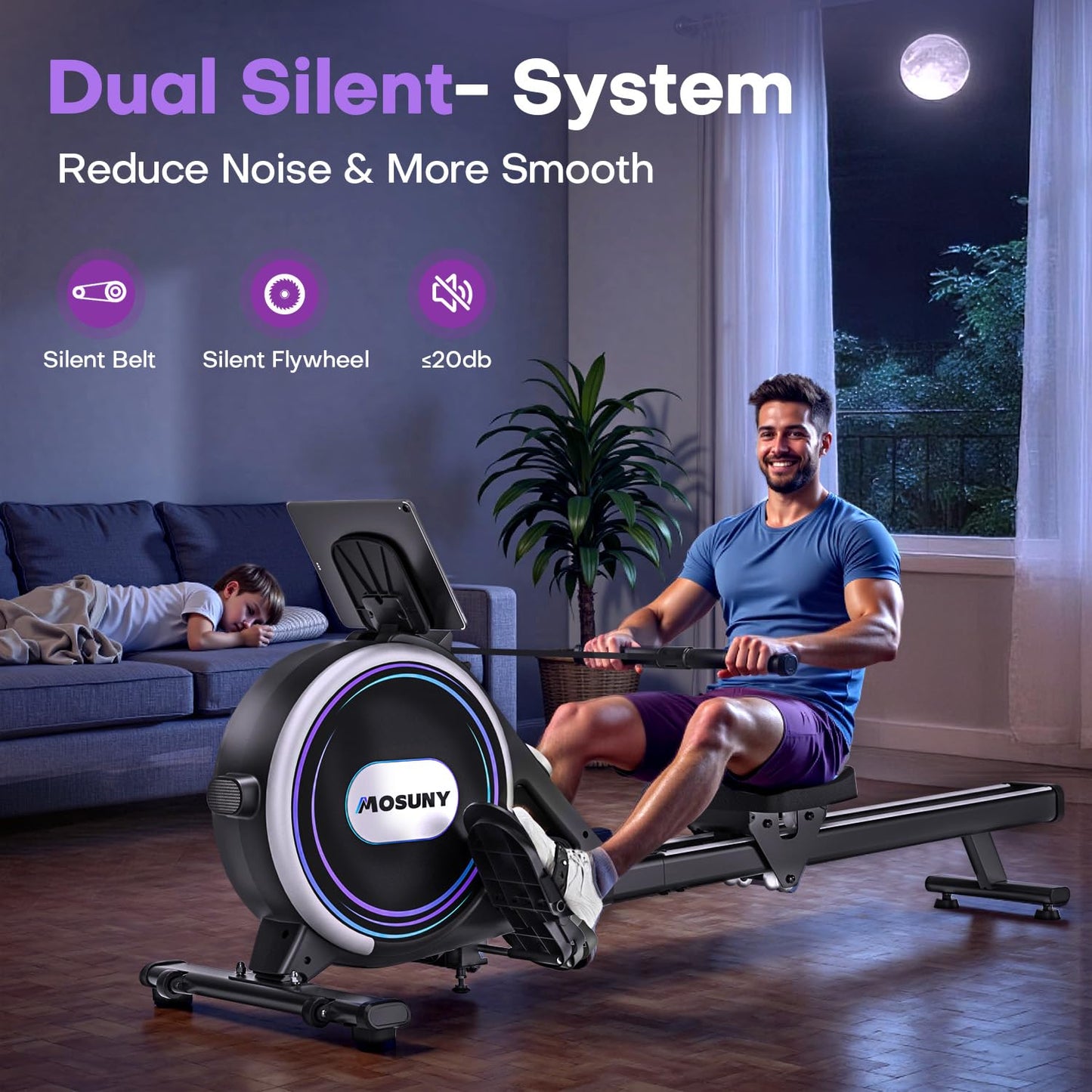 Rowing Machines for Home, 32-Level Adjustable Resistance, Magnetic Rowing Machine with App Supported, 400 LB Weight Capacity, Upgraded Dual Slide Rails with LCD Data Display Screen