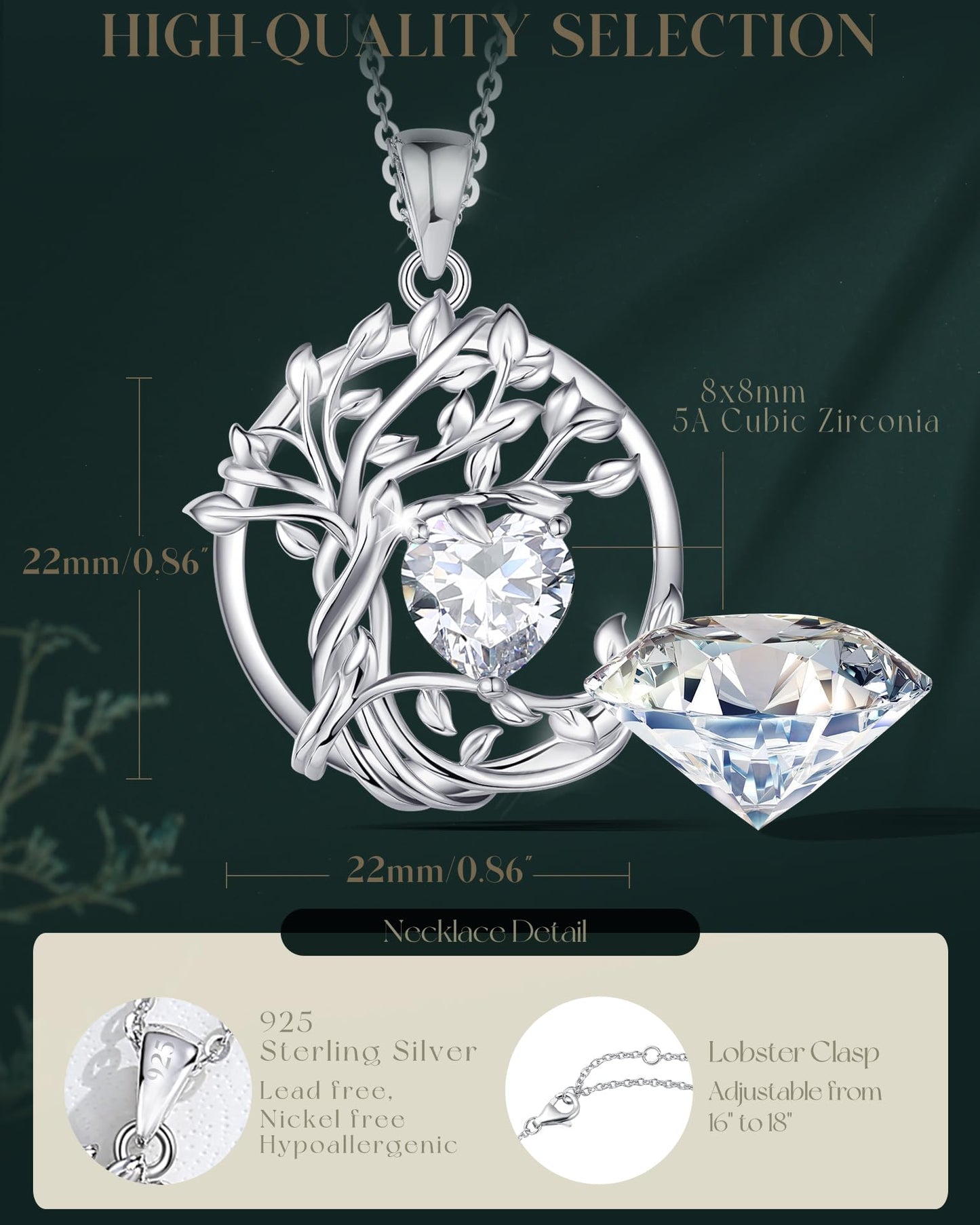 FANCIME Tree of life April Birthstone necklace for women Sterling Silver Tree Jewelry Simulated Diamond Pendant Cubic Zirconia CZ Gemstone Anniversary Birthday Christmas Gifts for Wife Mom Her