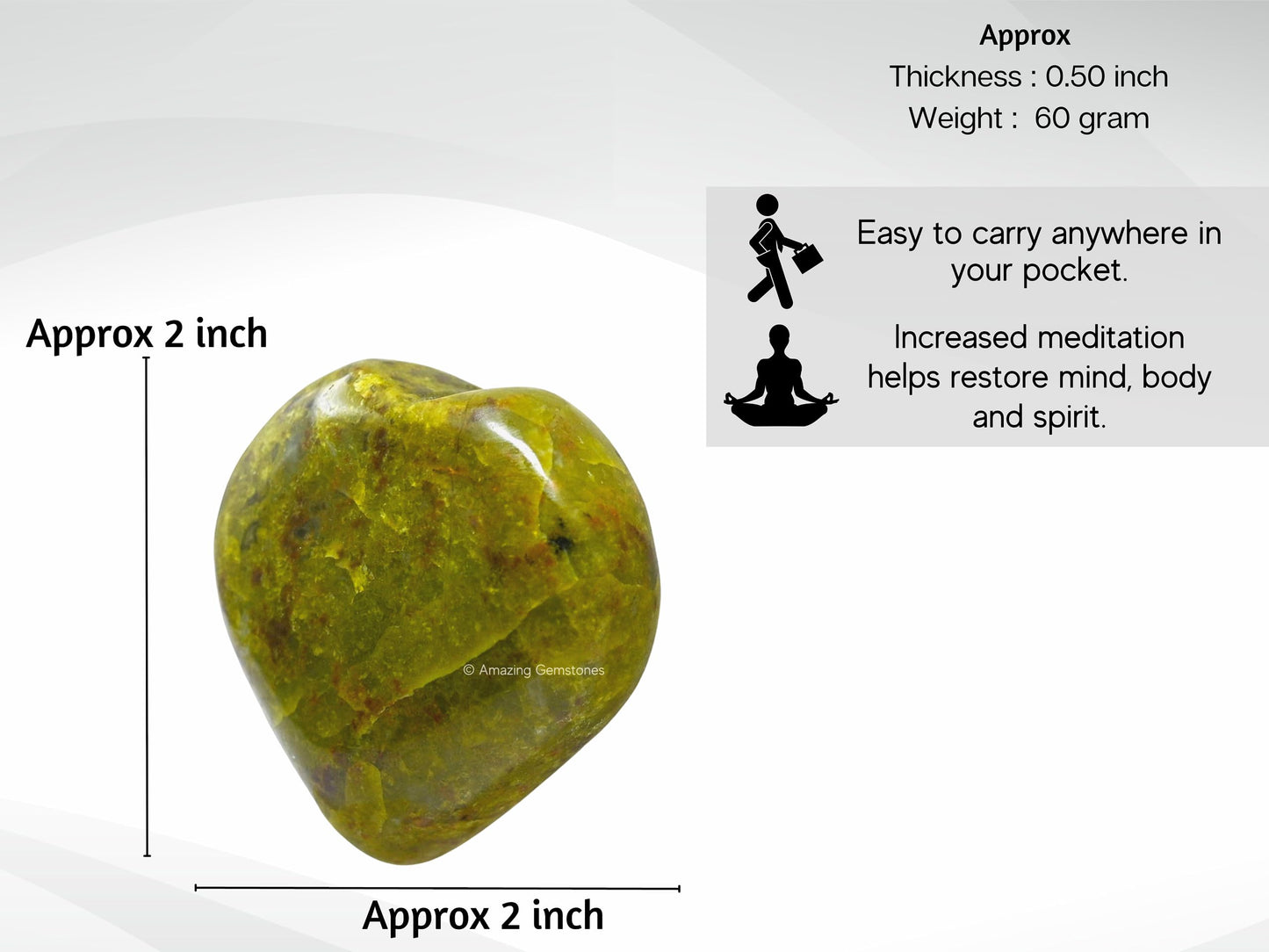 Amazing Gemstone Green Opal Crystal Heart Palm Stone - Pocket Massage Worry Stone for Natural Body Chakra Balancing, Reiki Healing and Crystal Grid