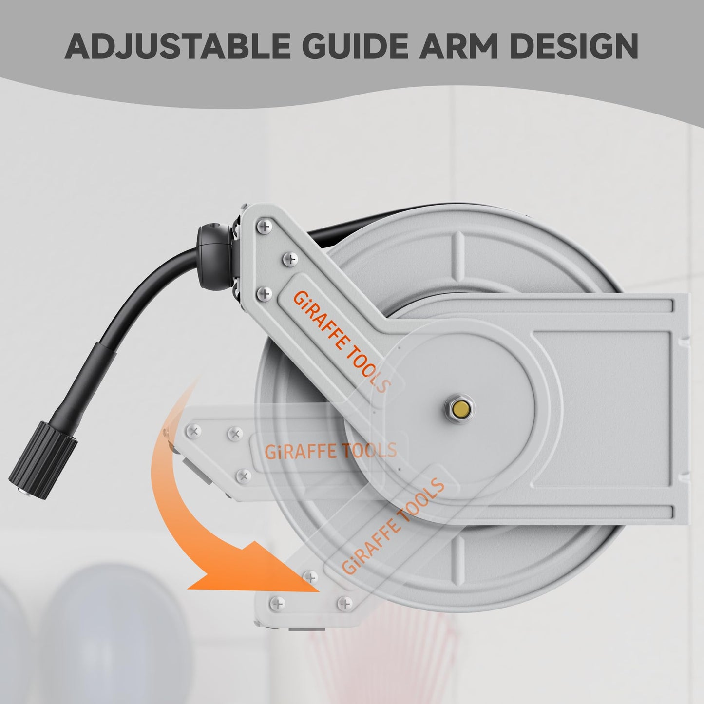 Giraffe Tools Pressure Washer Hose Reel 65ft, Power Washer Hose Reel, Pressure Washer Retractable Hose Reel, Heavy Duty, Replaceable Hoses, Wall/Floor Mounted, 3200 PSI, Silver