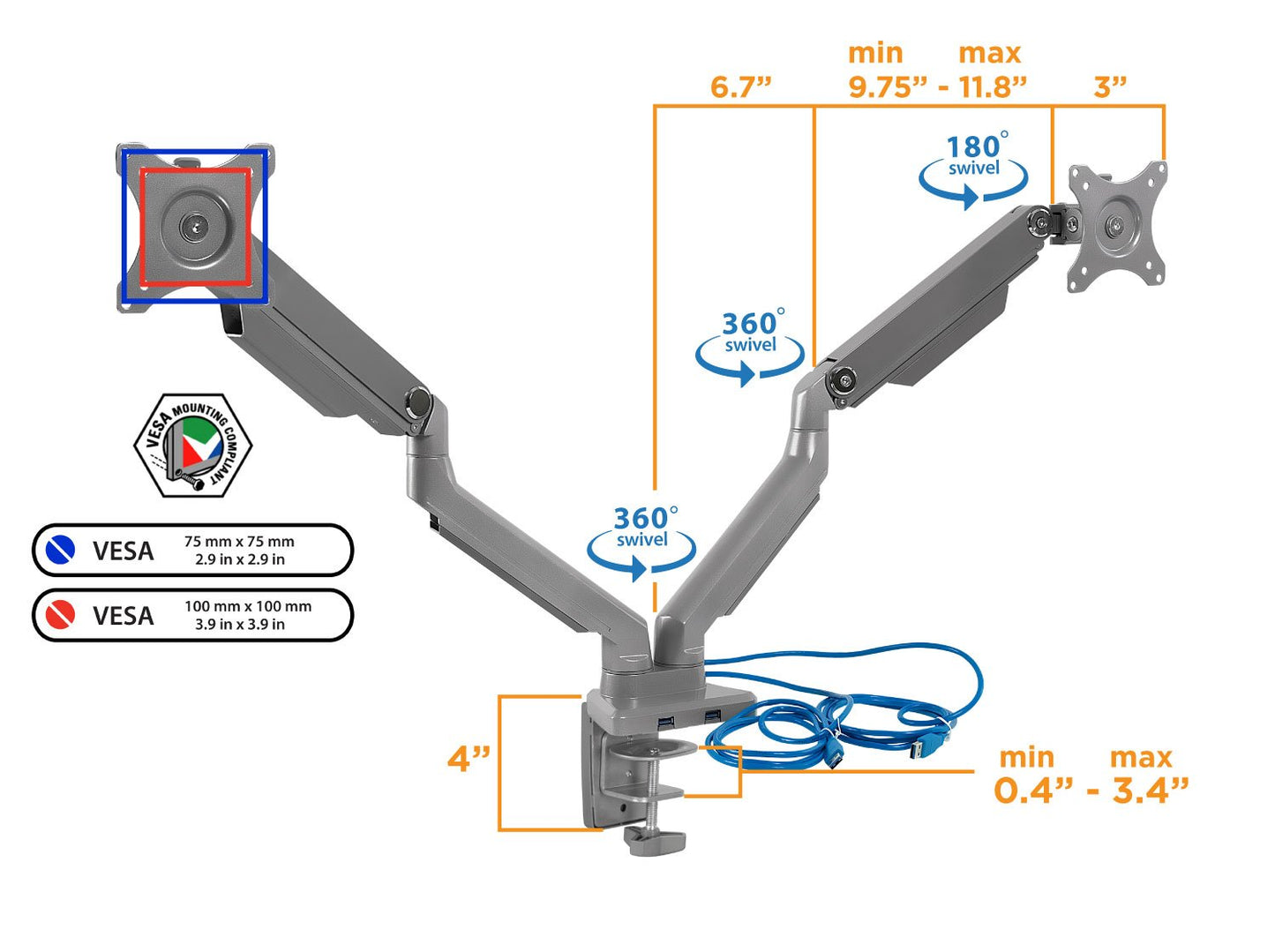 Mount-It! Dual Monitor Desk Mount with USB 3.0 Ports, Full Motion Dual Monitor Stand for 2 Screens up to 32 Inches, VESA 75x75 & 100x100, Clamp or Grommet Installation