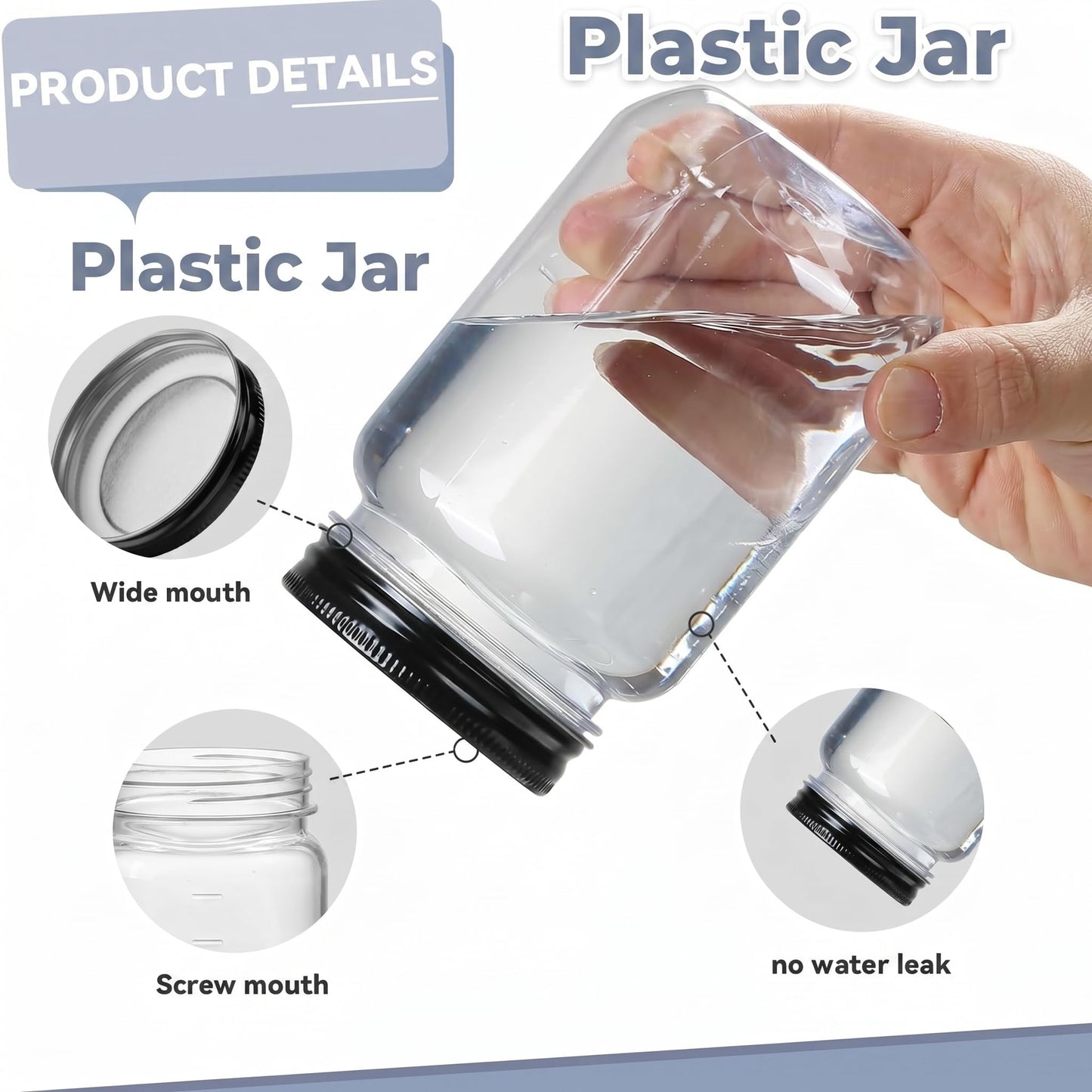 novelinks 16 oz Clear Plastic Jars with Lids, Refillable 16oz Mason Jars with Lids & Storage Containers for Kitchen & Household Use (10 Pack,Black)