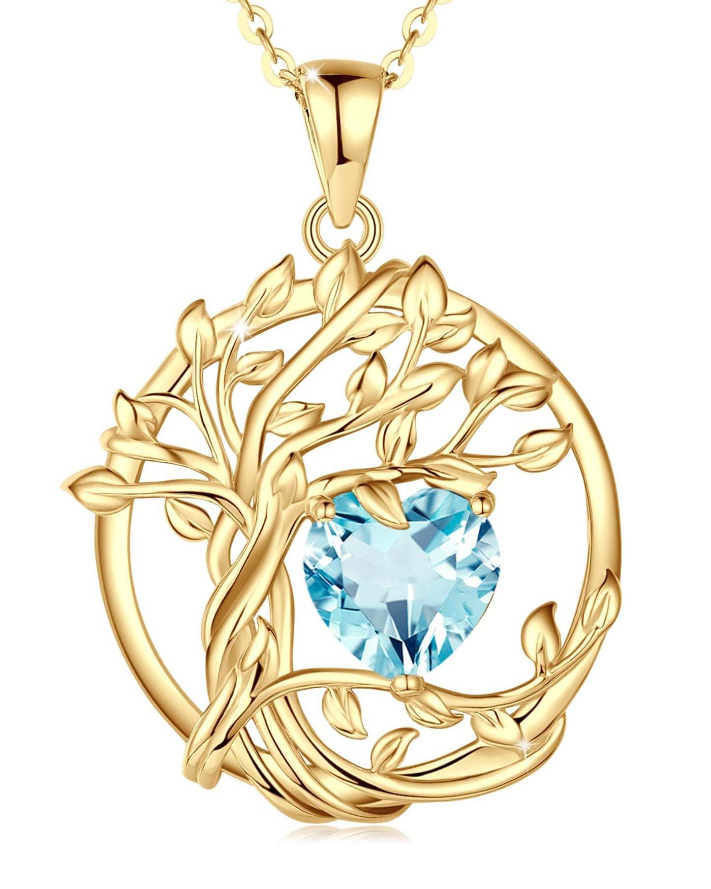 FANCIME Tree of life March Birthstone Necklace for Women Sterling Silver Yellow Gold Plated Jewelry Aquamarine Pendant Blue Gemstone Birthday Mothers Day Gifts for Wife Mom Her