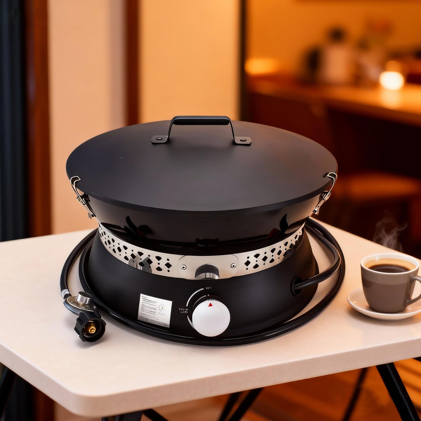 19" Propane Gas Fire Pit with Auto Flame-Out Gas Shut-Off, Portable with Lid & Carry Handle, 58,000 BTU, 10 FT Hose, 8 lb Lava Rocks for Camping, RV, Patio, Backyard,Propane Fire Pit for Camping