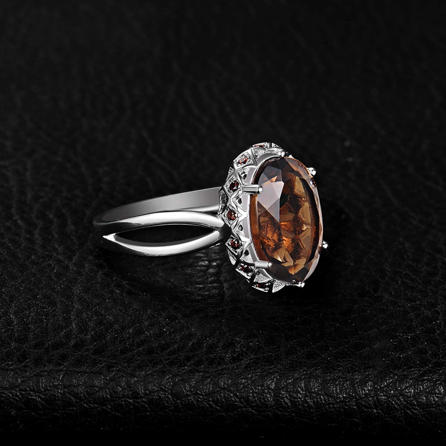 JewelryPalace Huge Oval Shape 5.7ct Genuine Smoky Quartz Cocktail Rings for Her, 14K White Gold Plated 925 Sterling Silver Ring for Women, Natural Gemstone Jewelry Sets Rings 9