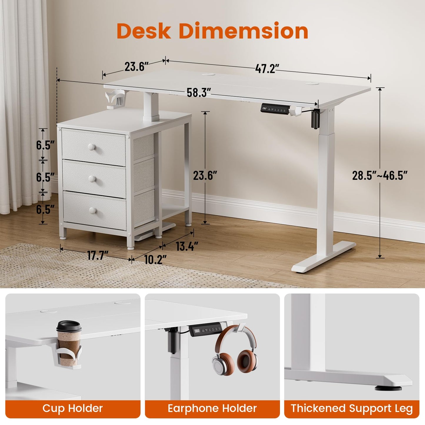 REAHOME Electric Standing Desk with Drawers, 47 x 24 Inches Height Adjustable Sit Stand Desk with Storage, 3 Memory Preset Home Office Computer Table, Printer Cabinet, 2 Hooks, Cable Management, White